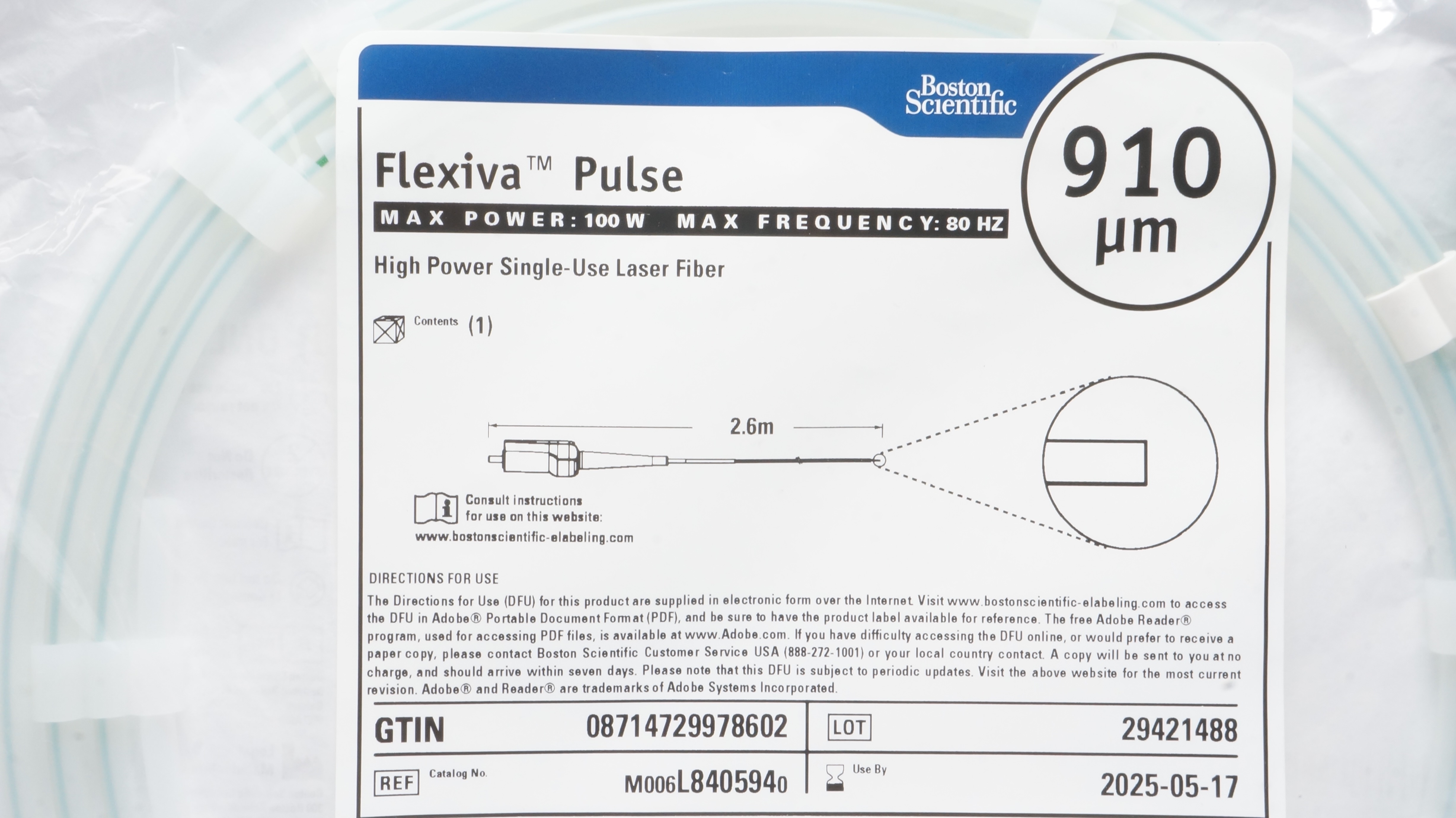 Boston Scientific M006L8405940 Flexiva Pulse High Power Laser Fiber 910µm