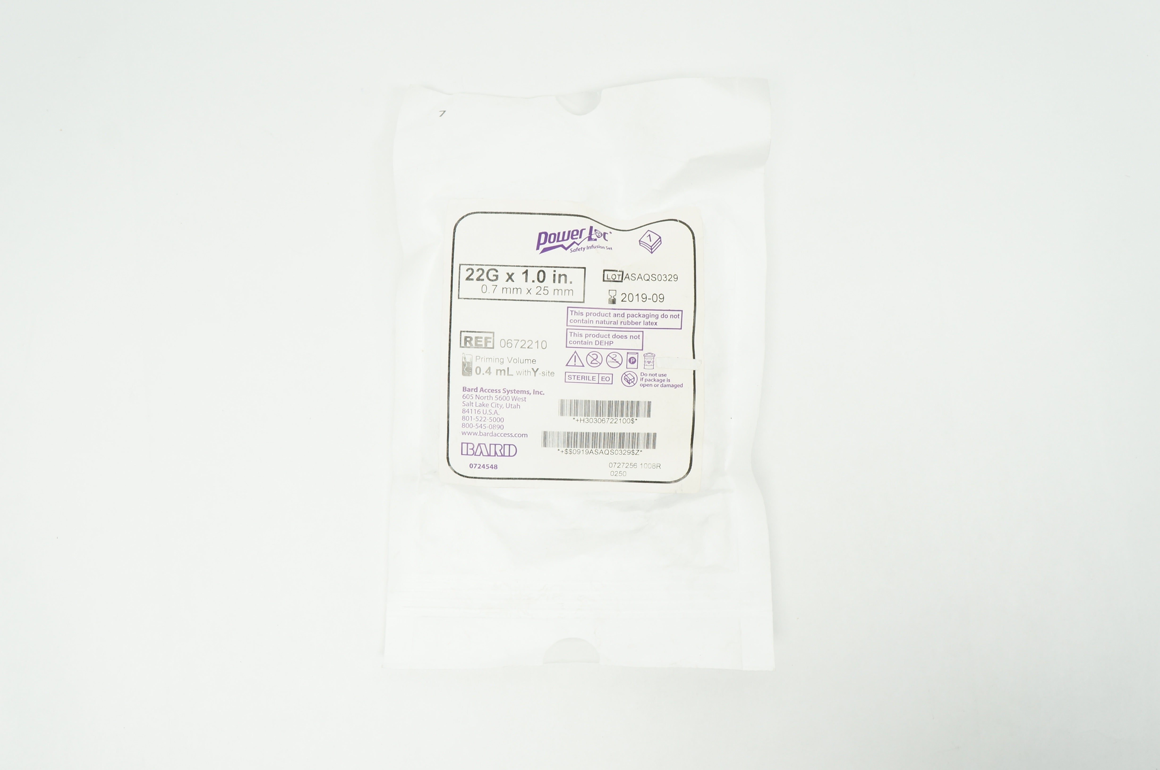 Bard 0672210 Power Loc Safety Infusion Set 22G x 1.0 in Priming Volume 0.4mL (x)