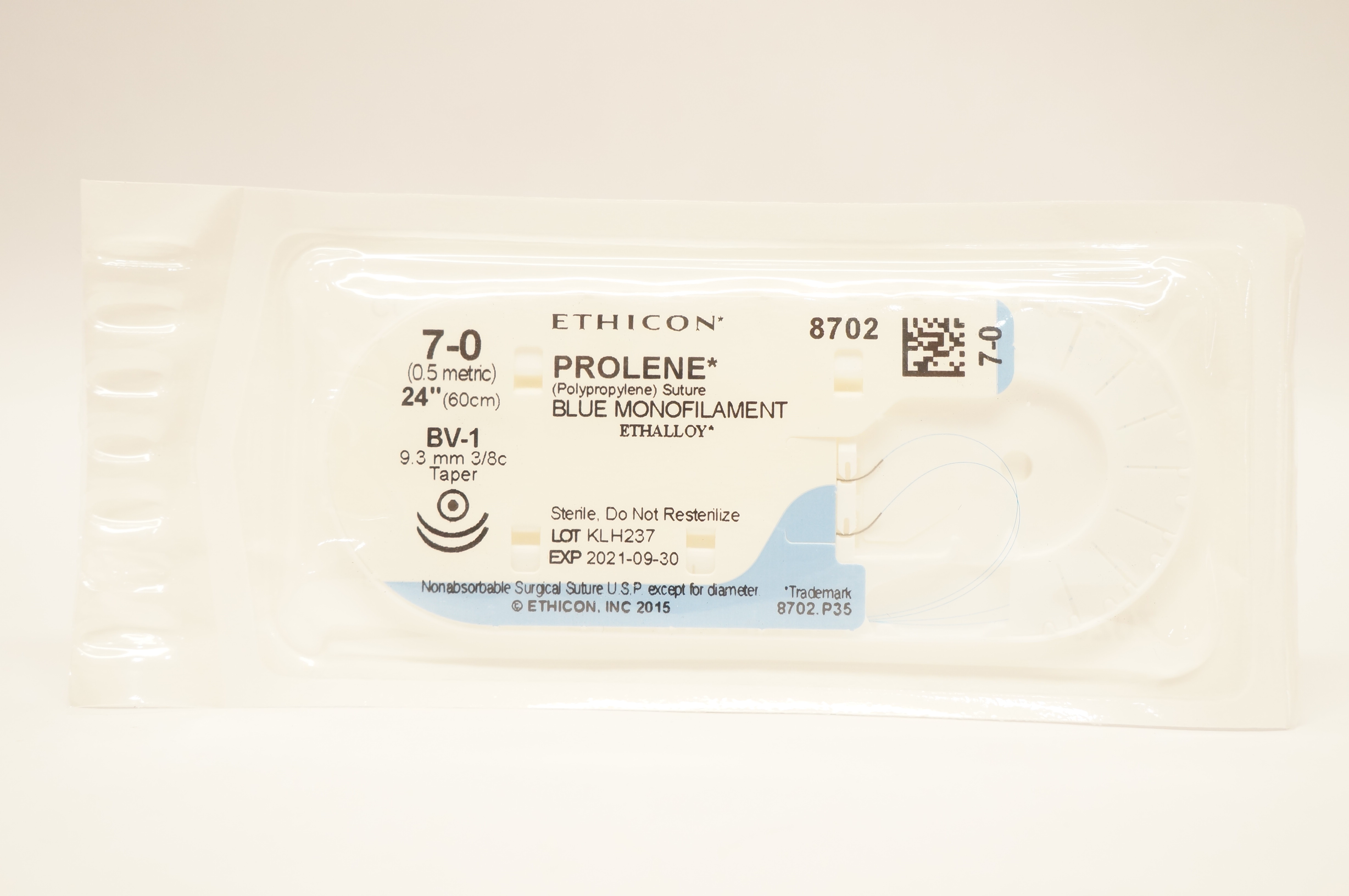Ethicon 8702 7-0 PROLENE Polypropylene Stre BV-1 9.3mm 3/8c Taper, 24 inch (x)