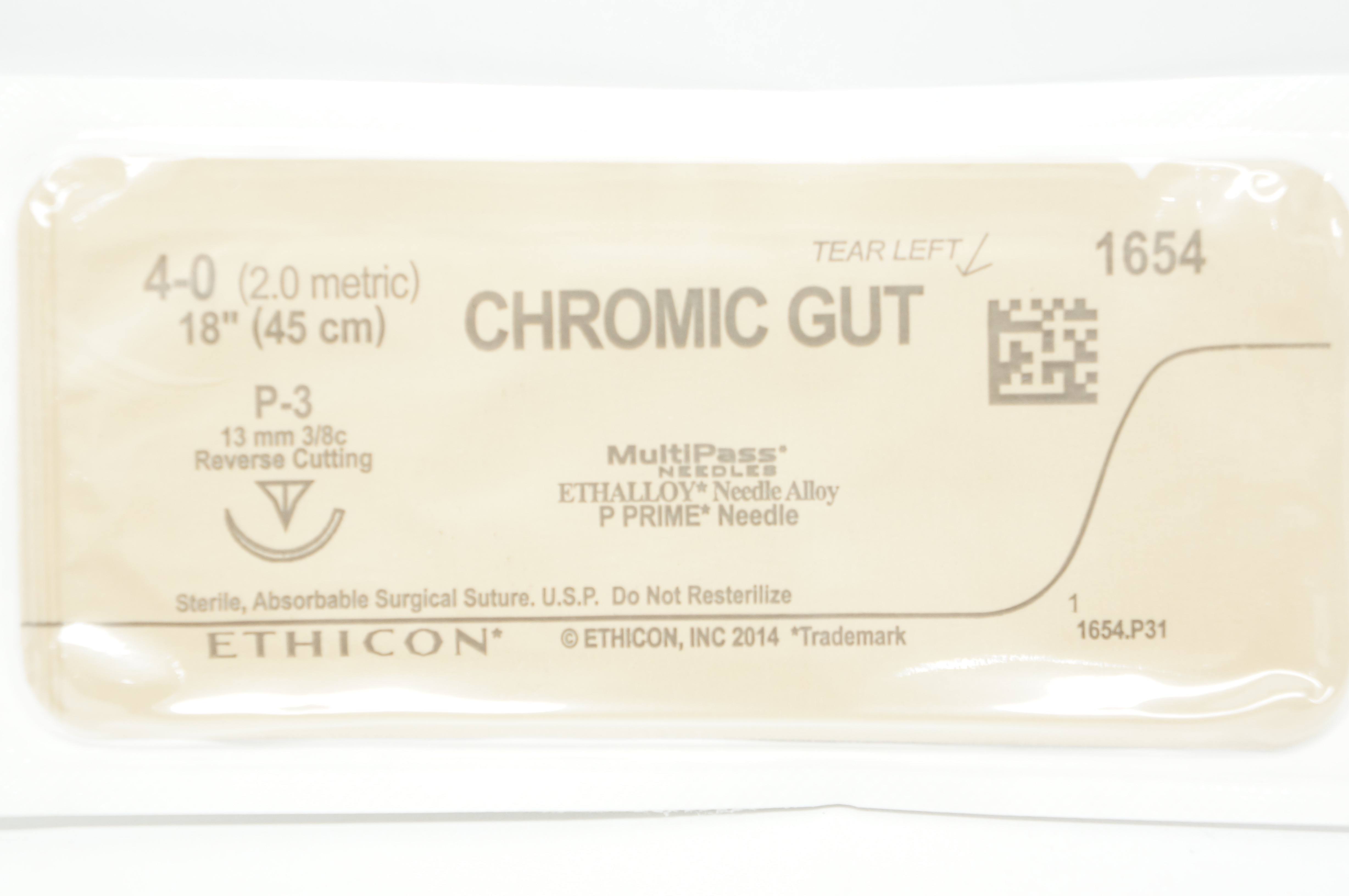 Ethicon 1654 4-0 CHROMIC GUT Surgical Stre P-3 13mm 3/8c Reverse Cutting, 18inch