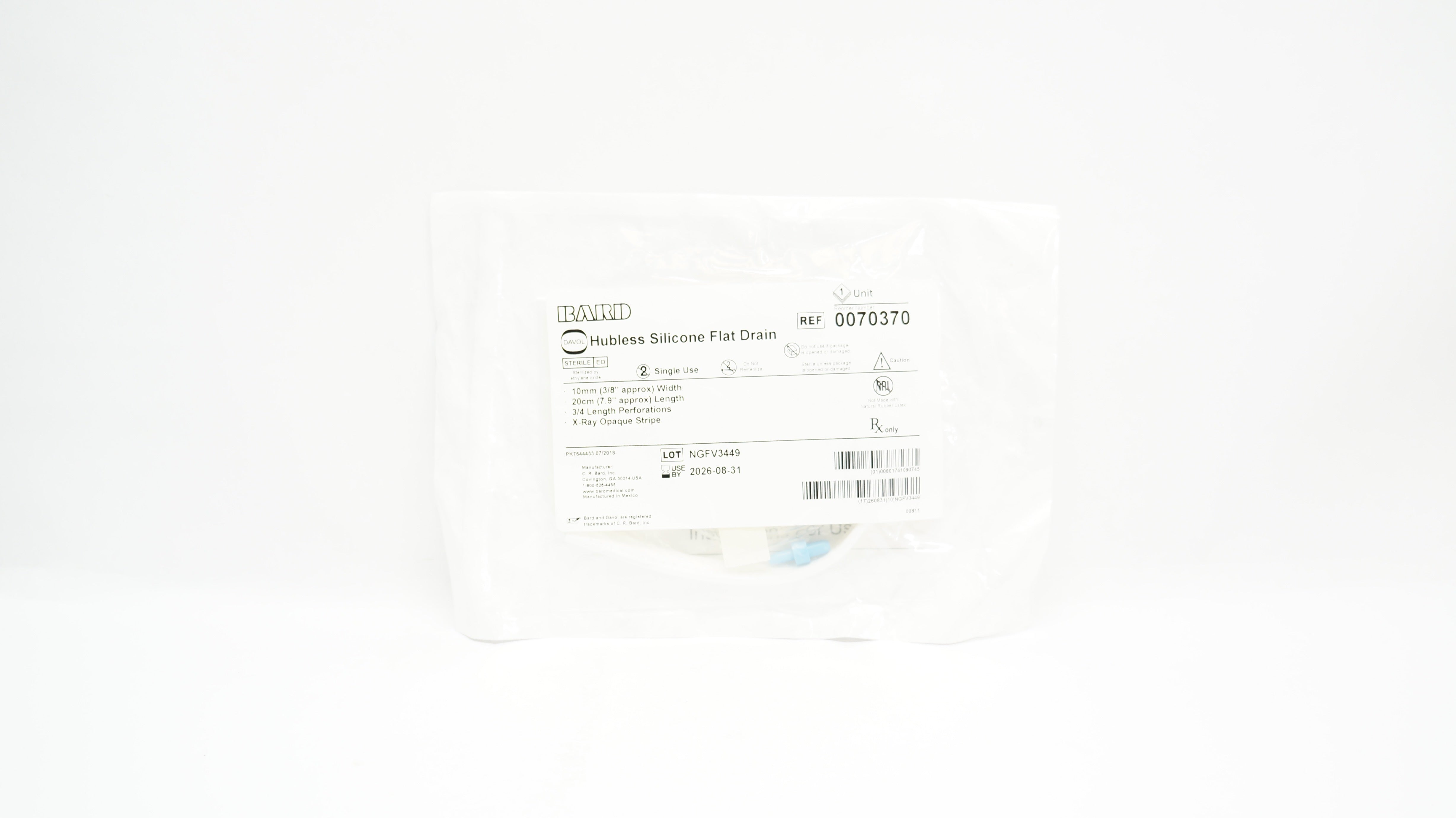 Bard 0070370 Davol Hubless Silicone Flat Drain 3/8inch x 7.9inch