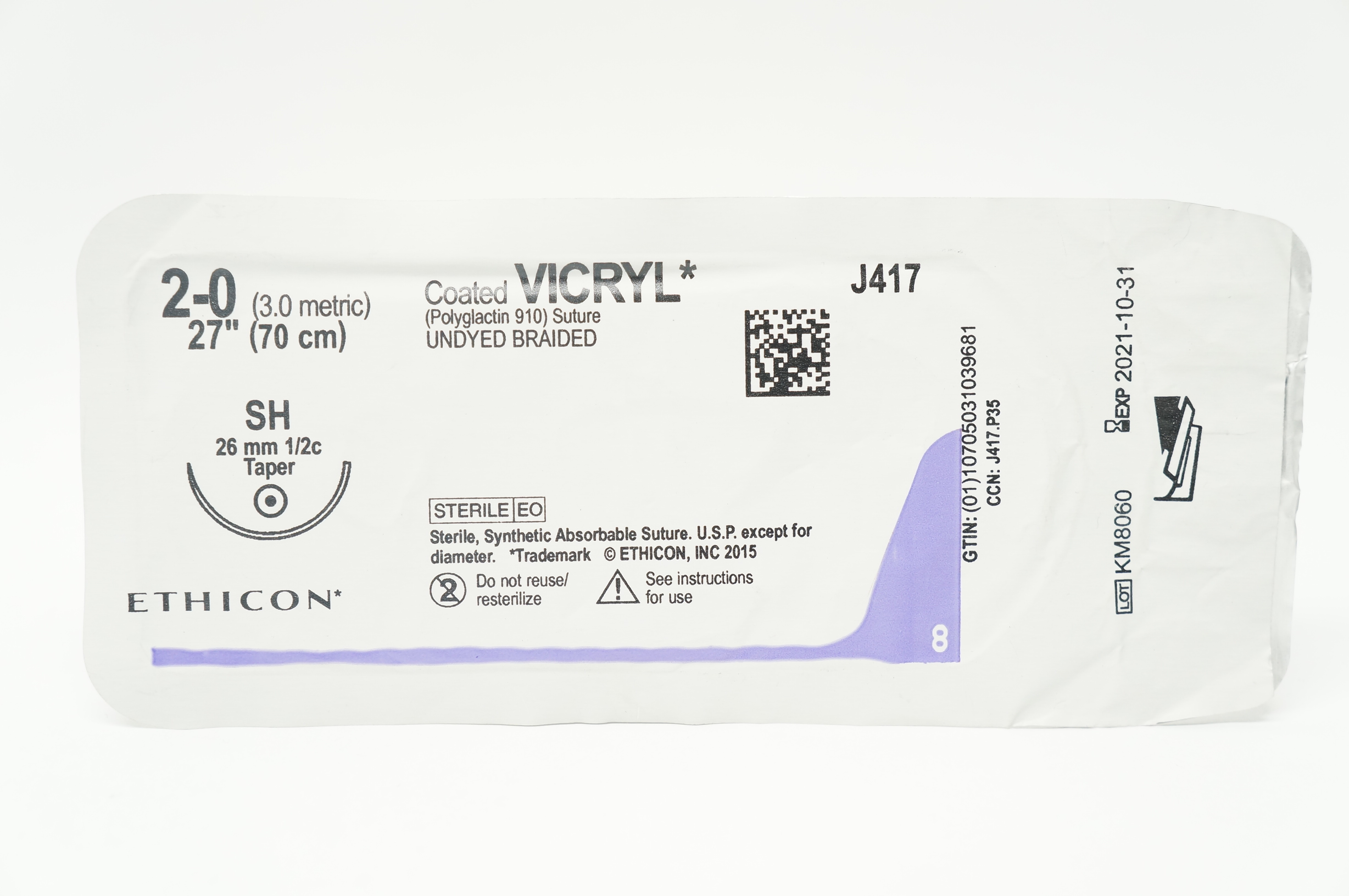 Ethicon J417 2-0 Coated VICRYL, SH 26mm 1/2c Taper, 27inch (x)