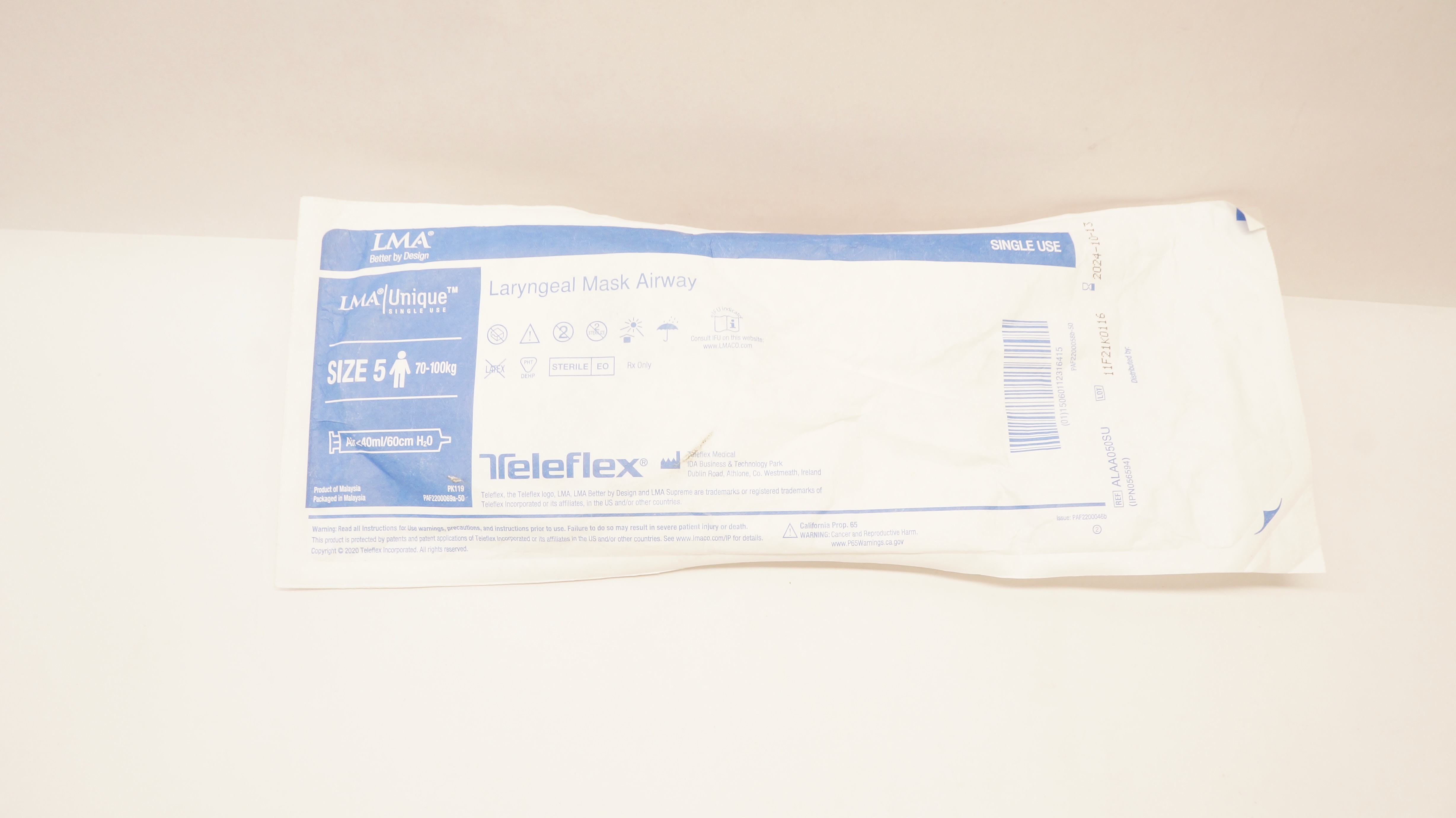 Teleflex ALAA050SU LMA Unique Laryngeal Mask Airway Size 5 70-100kg