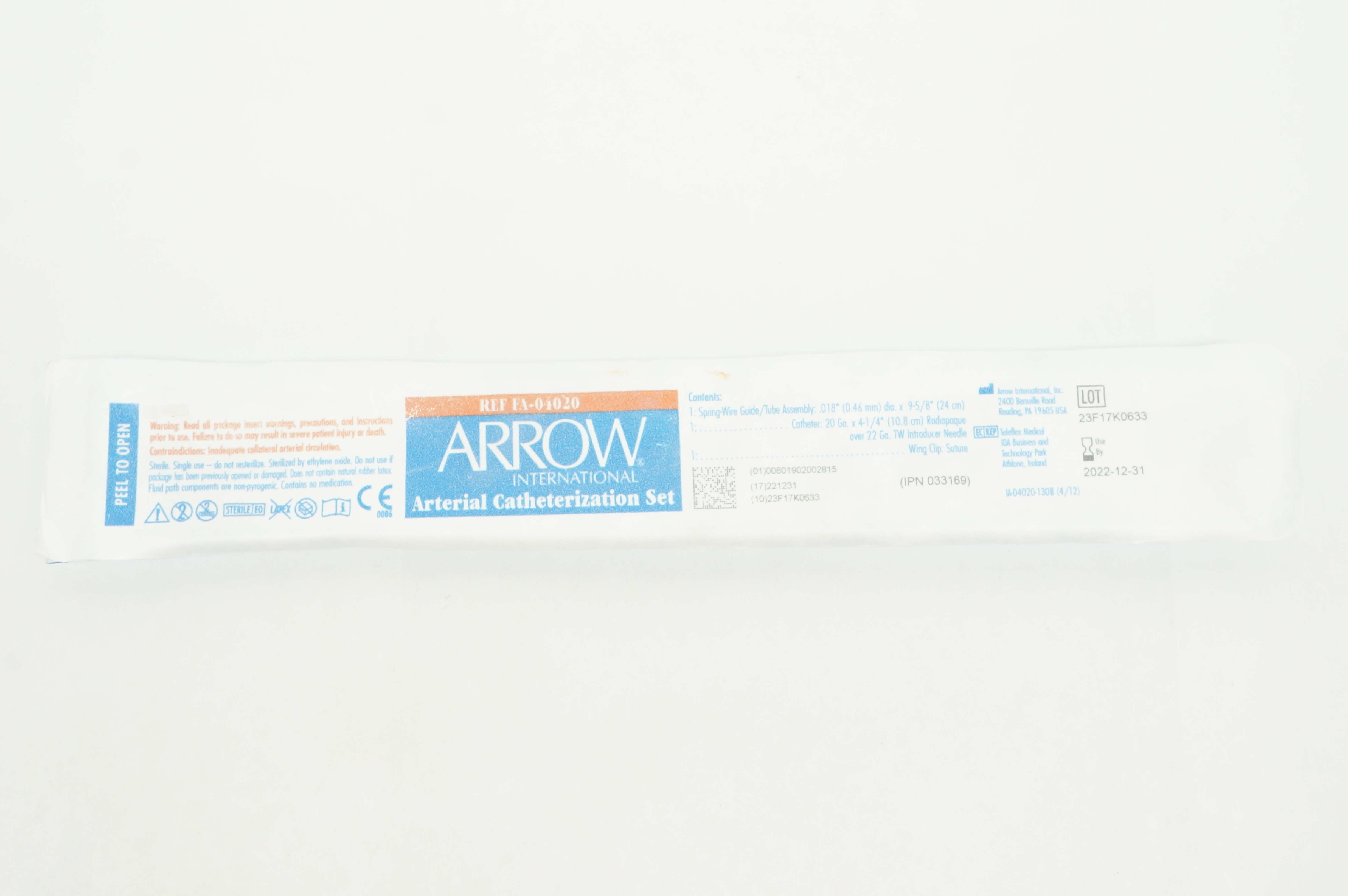Arrow FA-04020 Arterial Catheterization Set 20 Ga. x 4-1/4inch