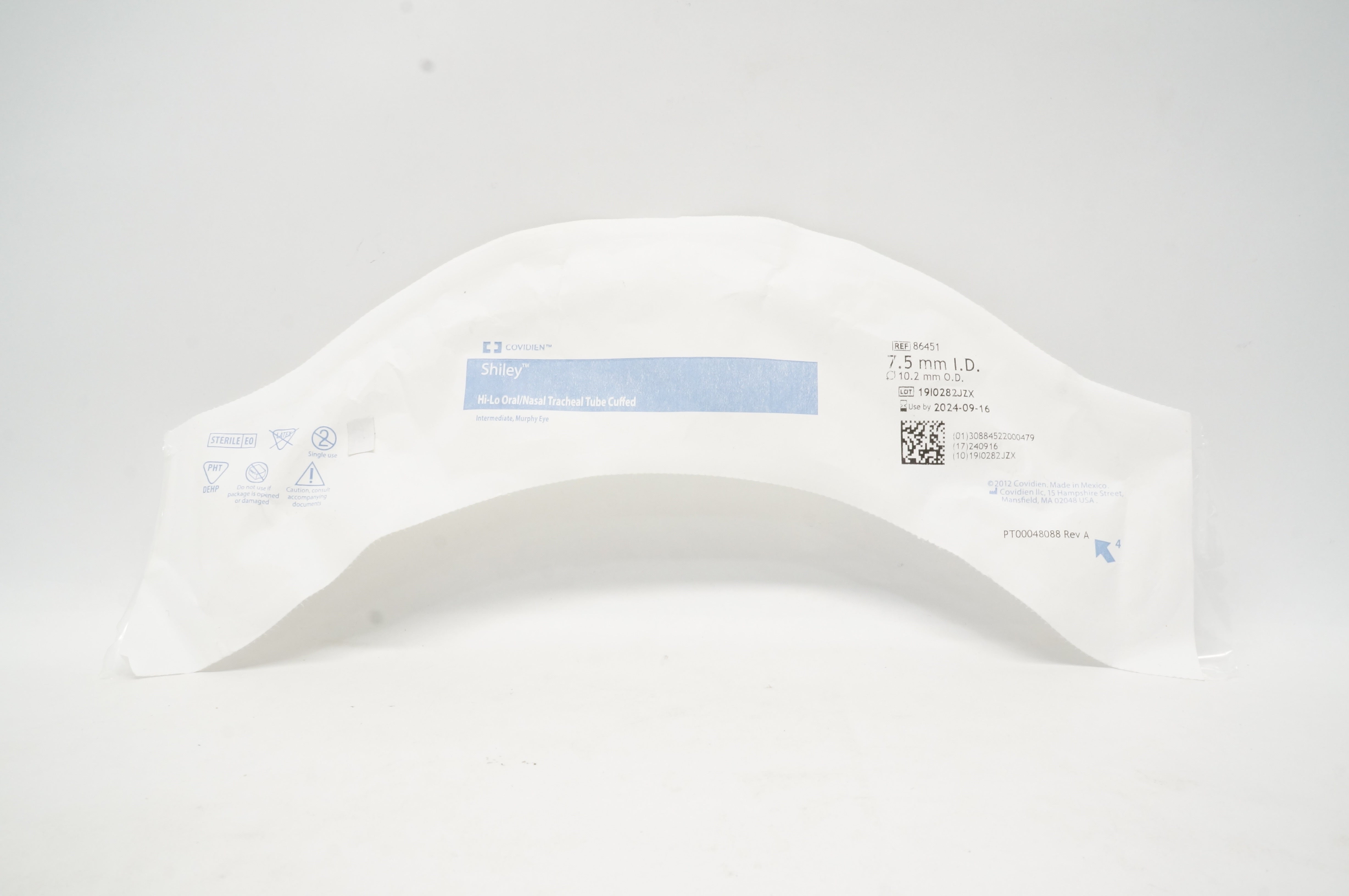 Covidien 86451 Shiley Hi-Lo Oral/Nasal Tracheal Tube Cuffed 7.5mm x 10.2mm