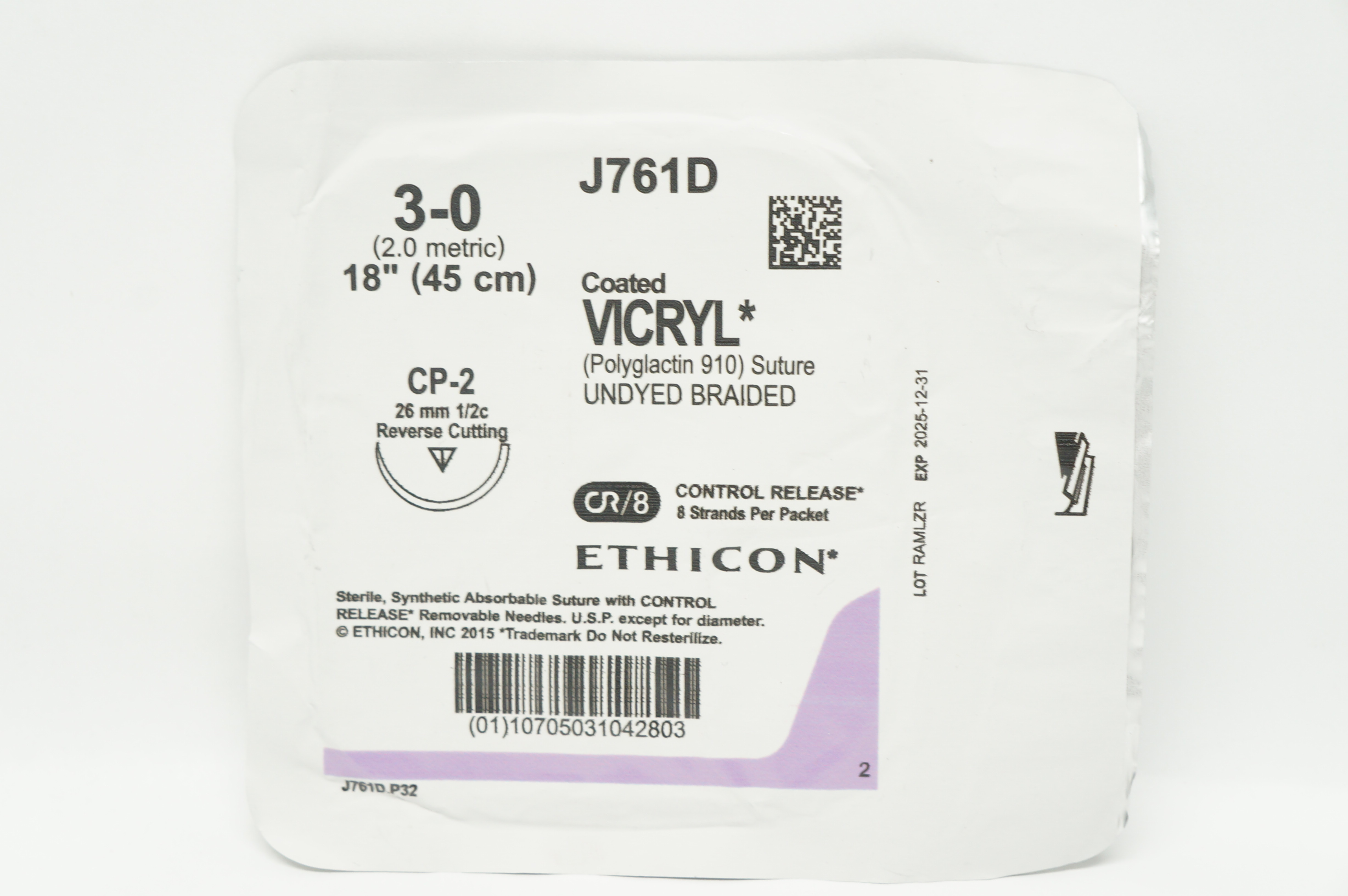 Ethicon J761D 3-0 Coated VICRYL CP-2 26mm 1/2c Reverse Cutting 18inch