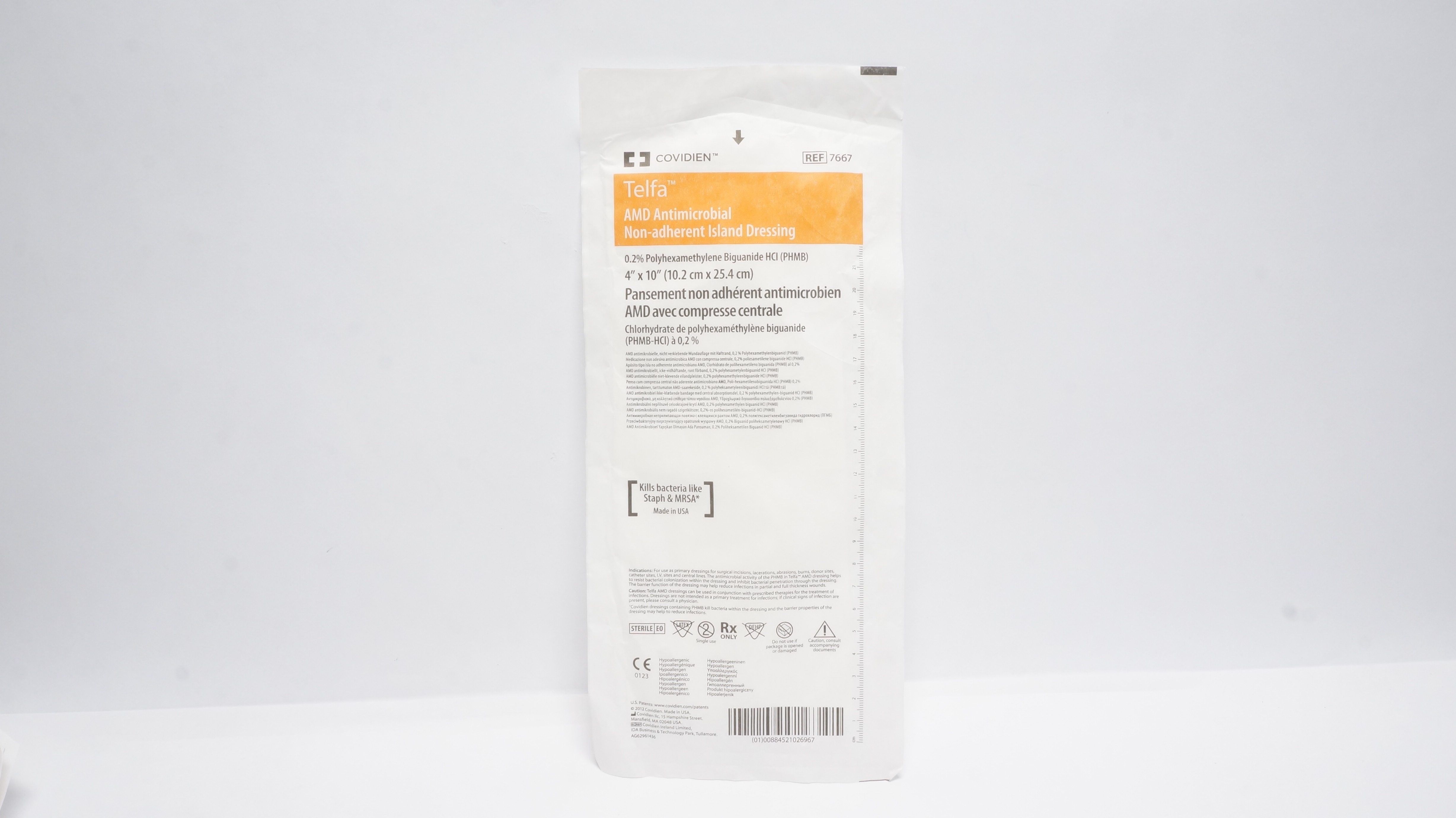 Covidien 7667 Telfa AMD Antimicrobial Non-Adherent Island Dressing 4 x 10 in (x)