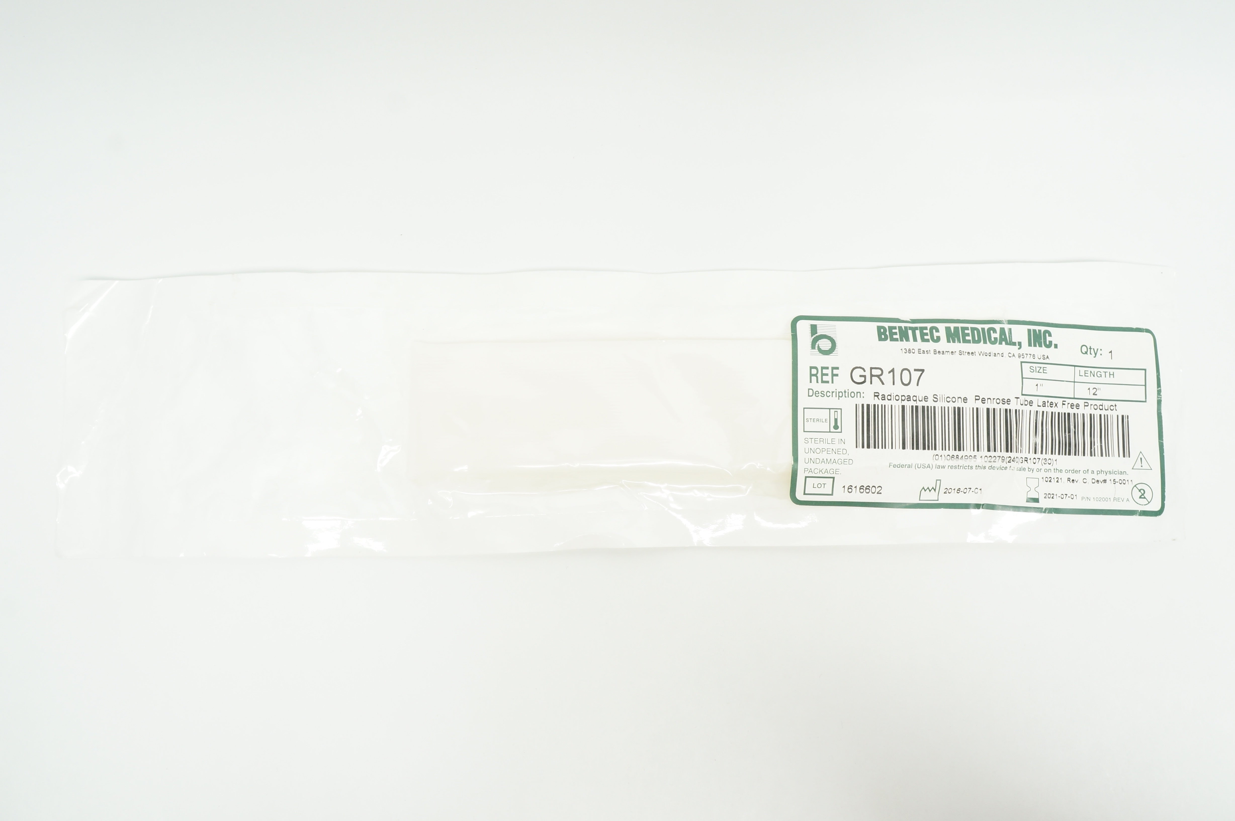 Bentec Medical GR107 Radiopaque Silicone Penrose Tube, Size 1, 12inch