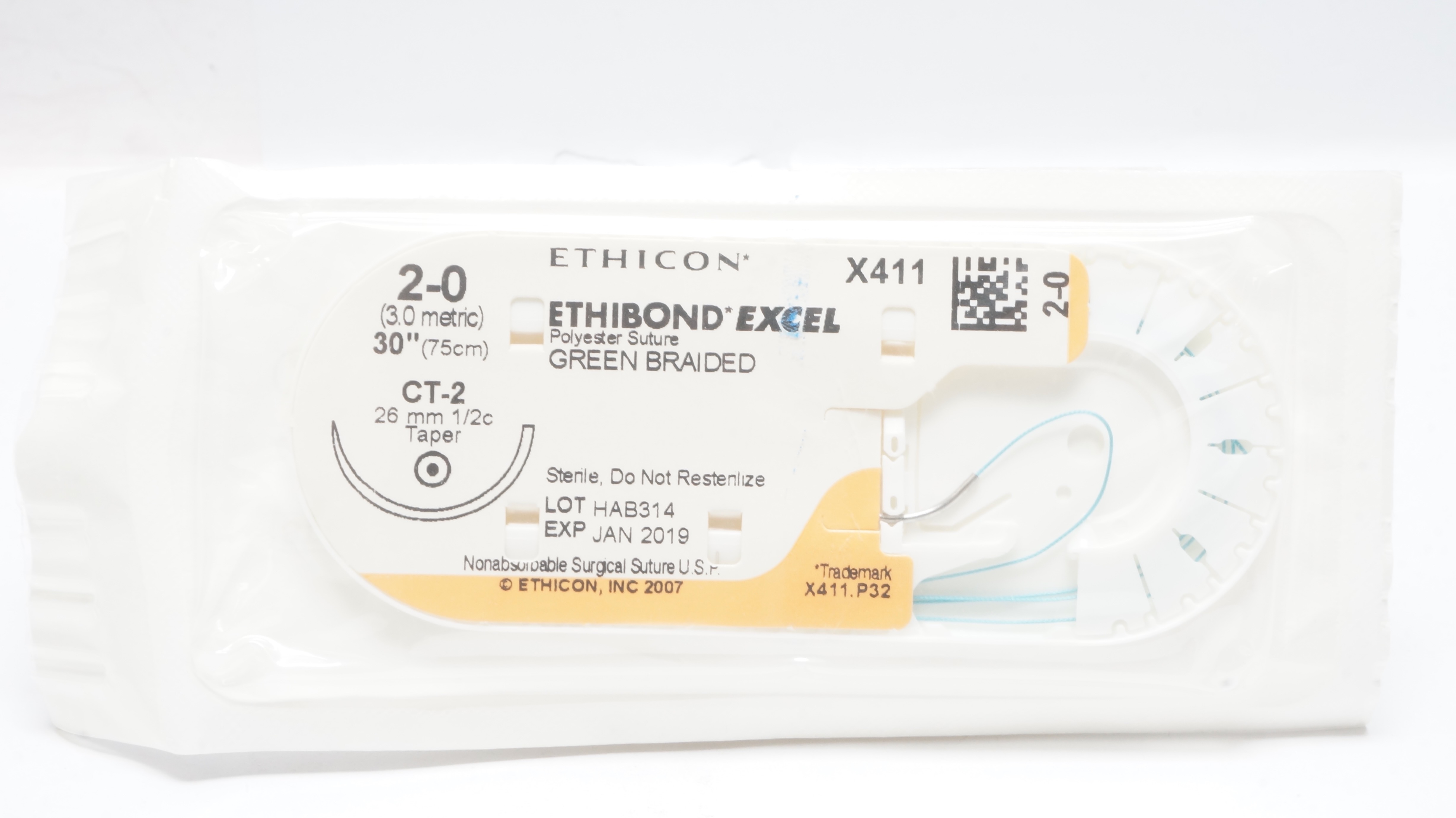 Ethicon X411 2-0 ETHIBOND EXCEL Stre CT-2 26mm 1/2c Taper, 30inch (x)