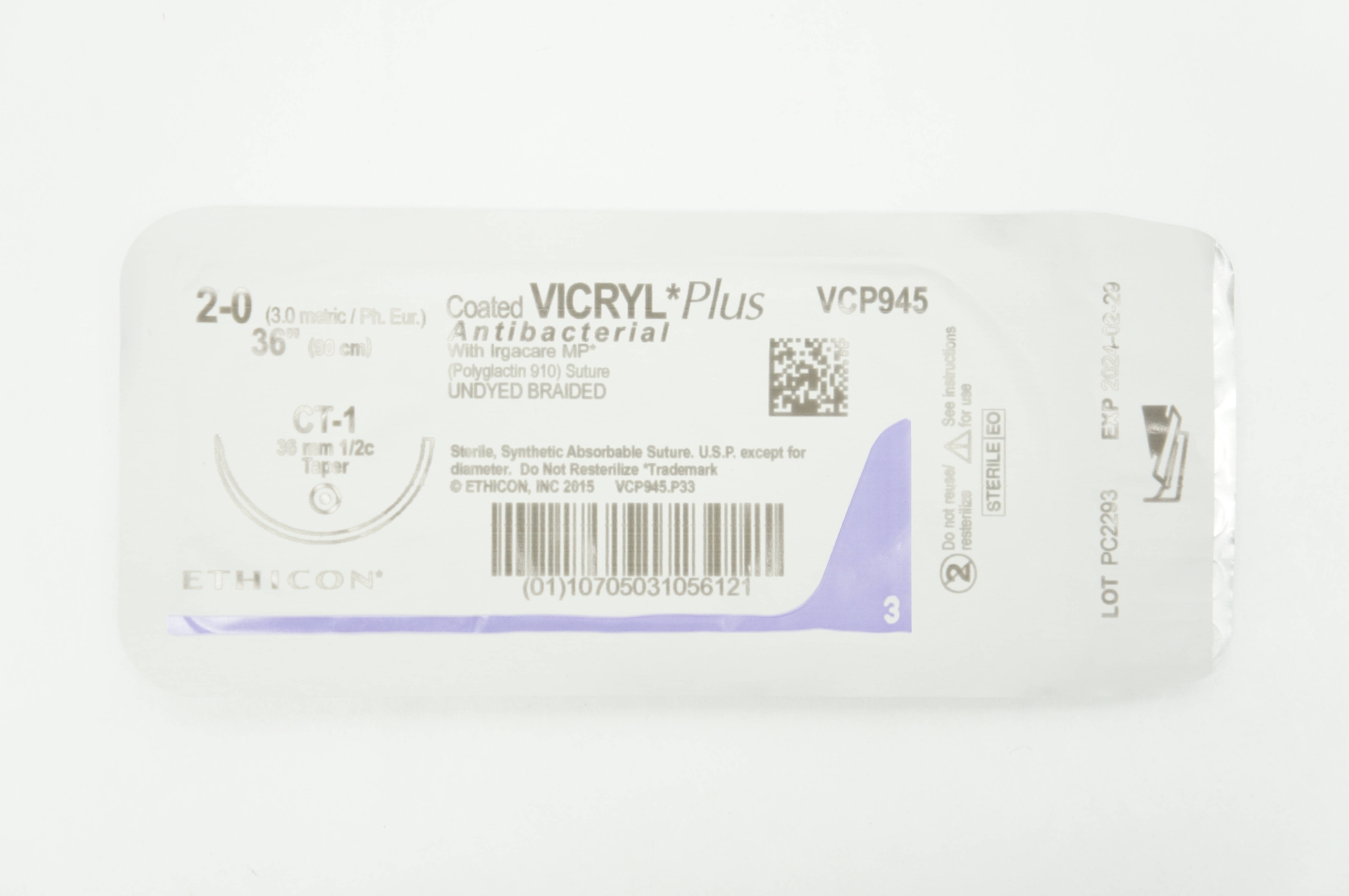 Ethicon VCP945 2-0 VICRYL Plus CT-1 36mm 1/2c Taper 36inch