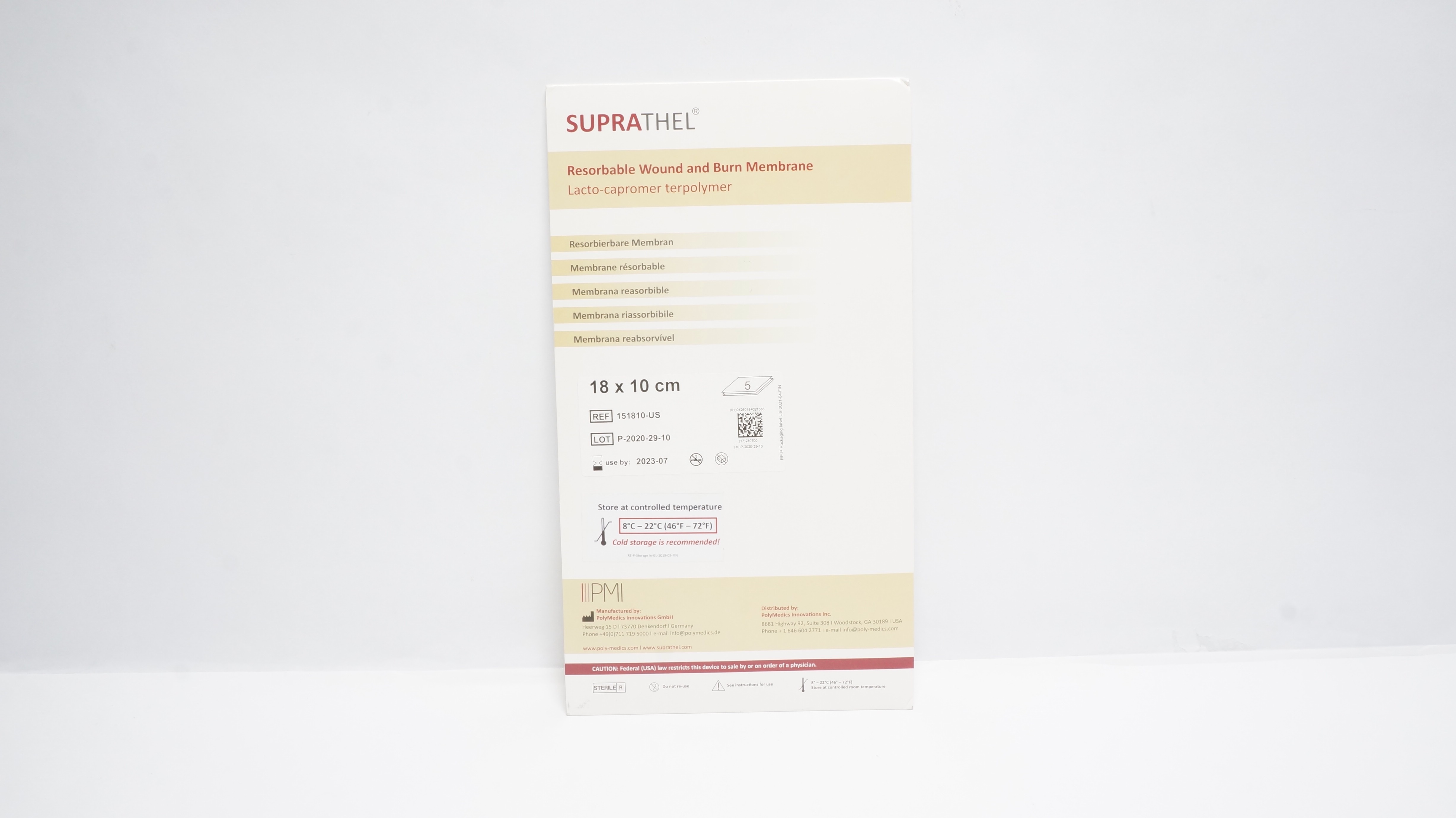 PolyMedics 151810-US SupraThel Reservable Wound & Burn Membrane 18x10c- Box of 4