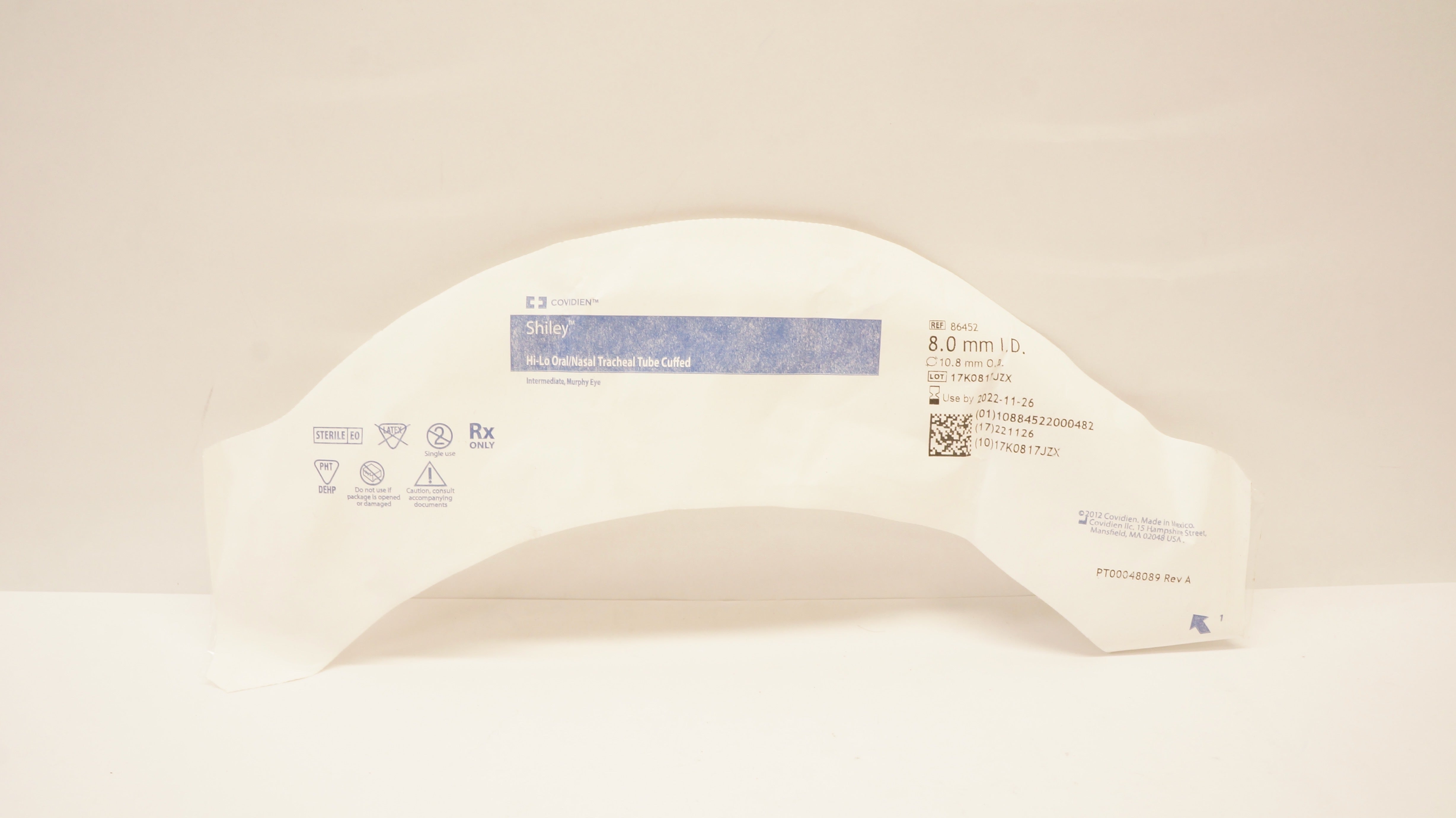 Covidien 86452 Shiley Hi-Lo Oral/Nasal Tracheal Tube Cuffed 8.0 x 10.8mm (x)