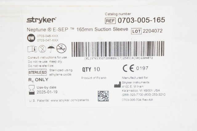 Stryker 0703-005-165 Neptune E-SEP Suction Sleeve 165mm - Box of 10