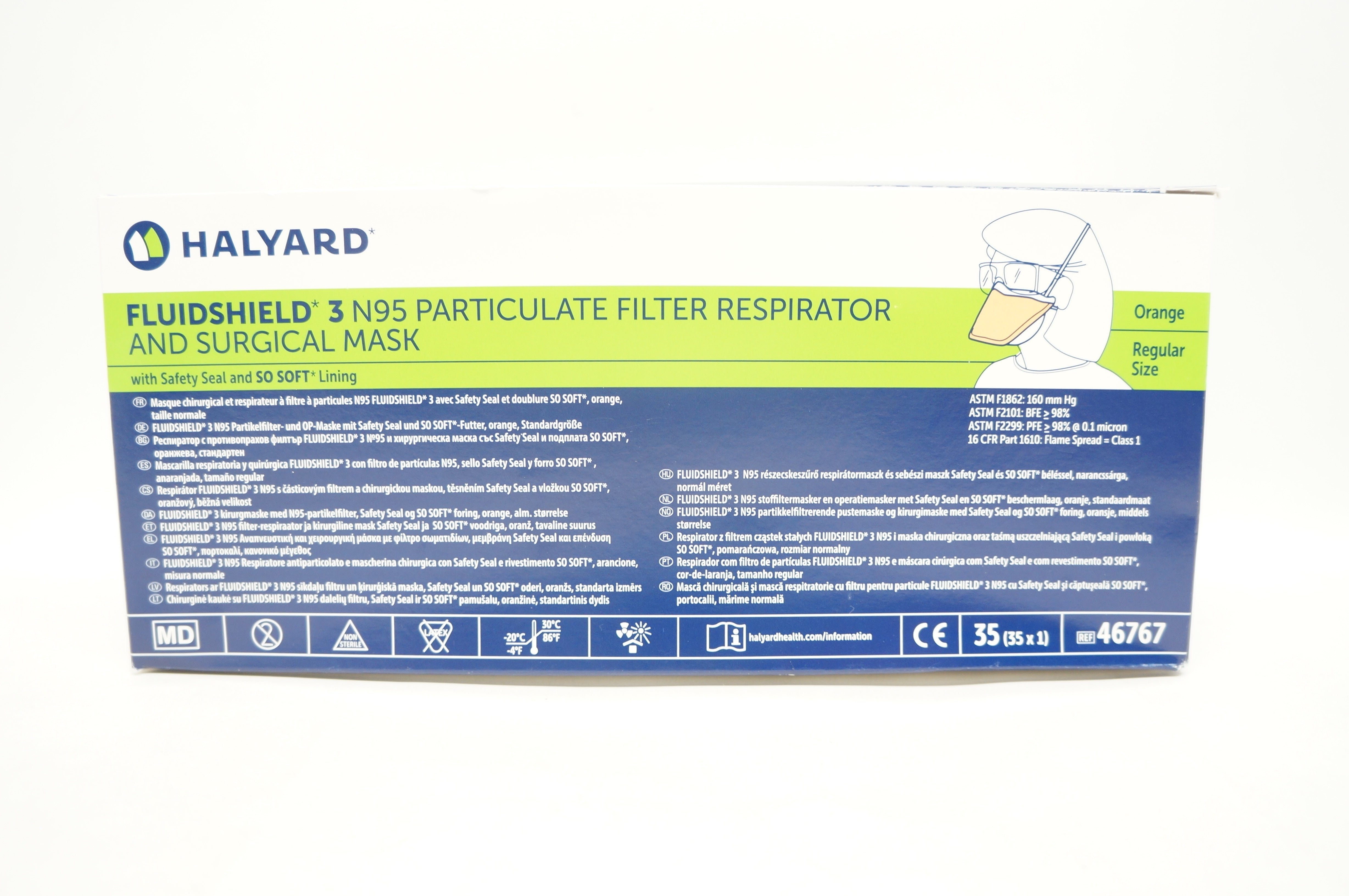 Halyard 46767 FLUIDSHIELD 3 N95 Particulate Filter Respirator Regular -Box of 20