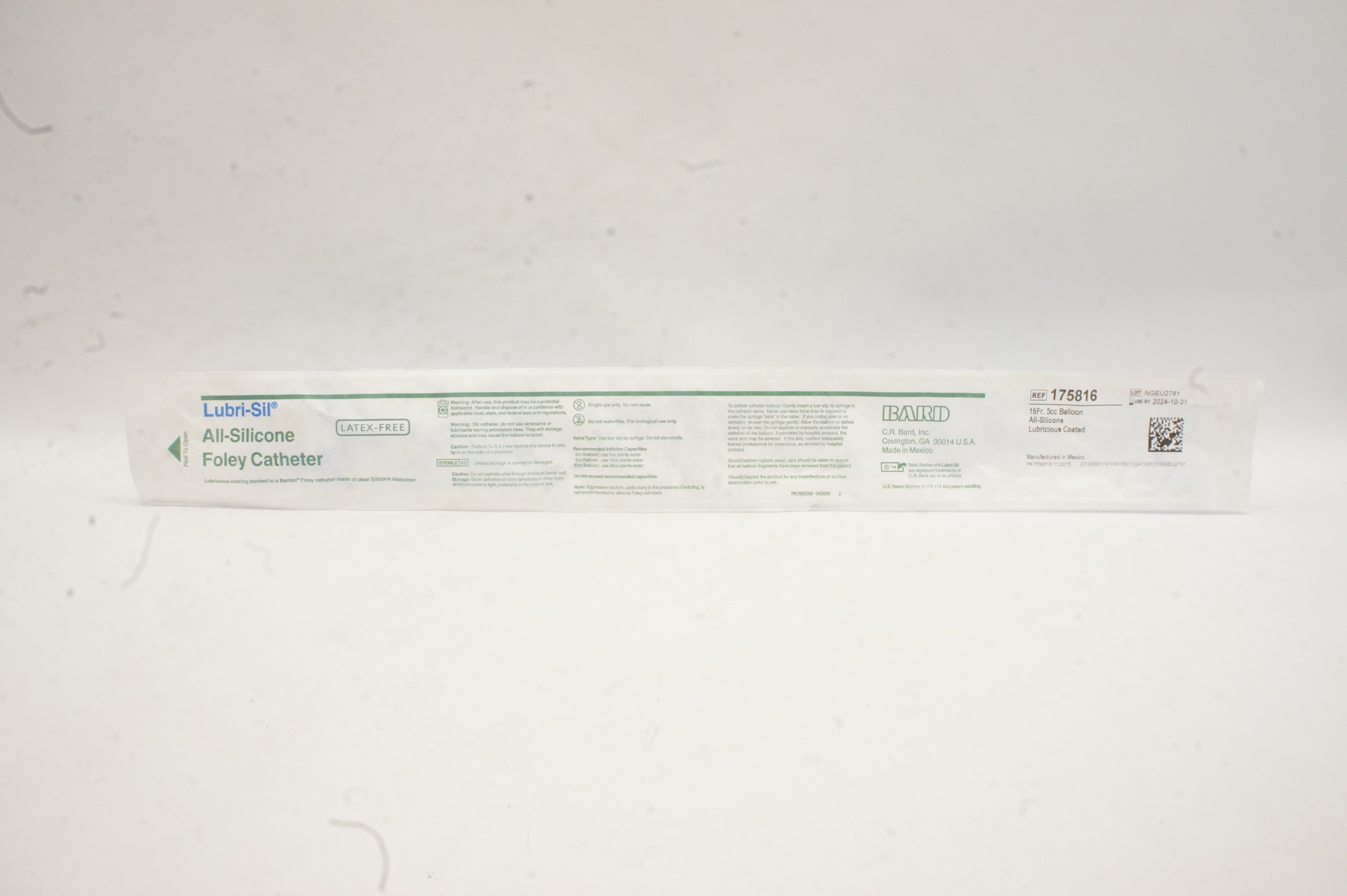 Bard 175816 Lubri-Sil All-Silicone Foley Cath. Balloon 16Fr x 5cc