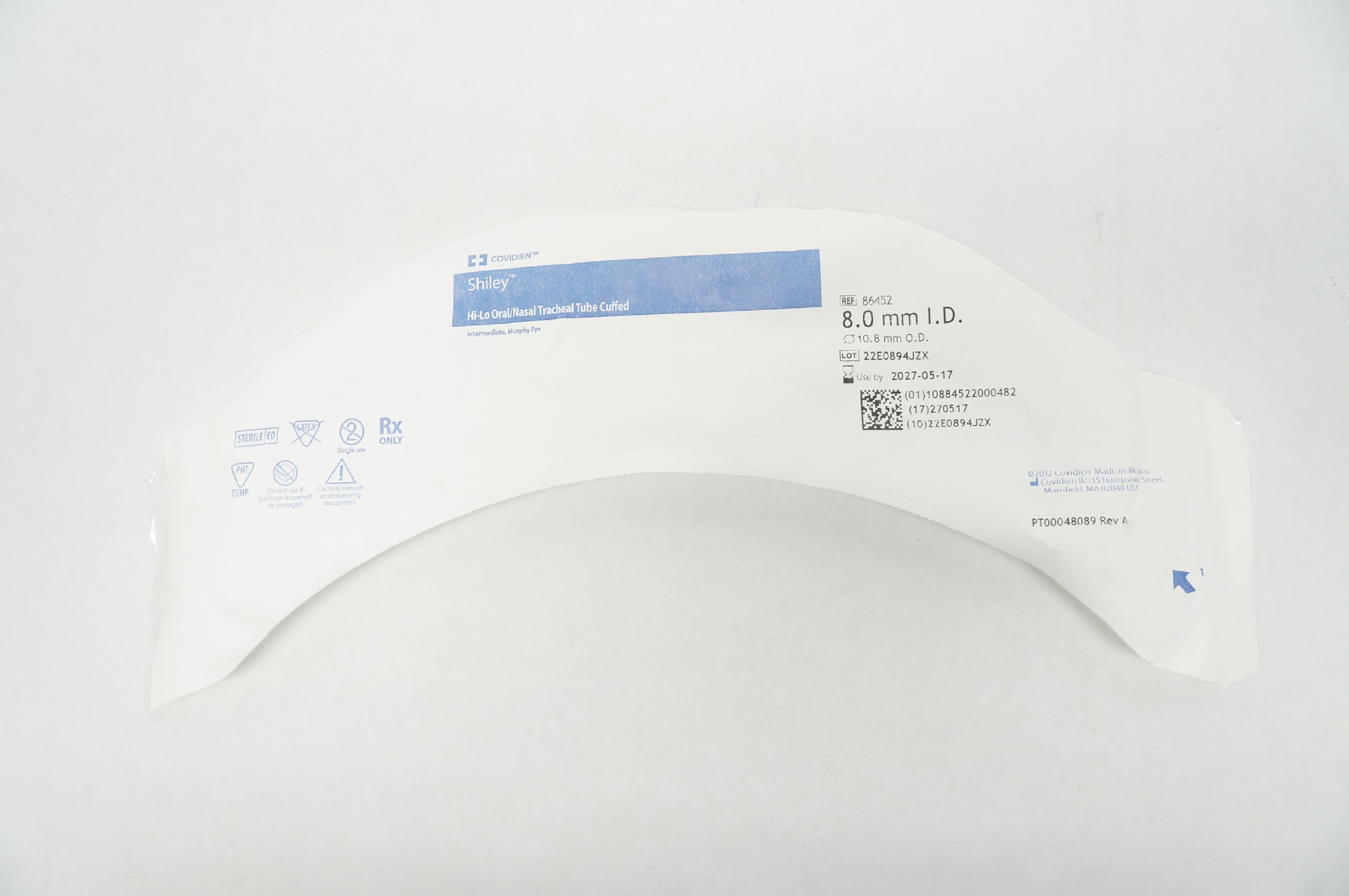 Covidien 86452 Shiley Hi-Lo Oral/Nasal Tracheal Tube Cuffed 8.0mm ID x 10.8mm OD