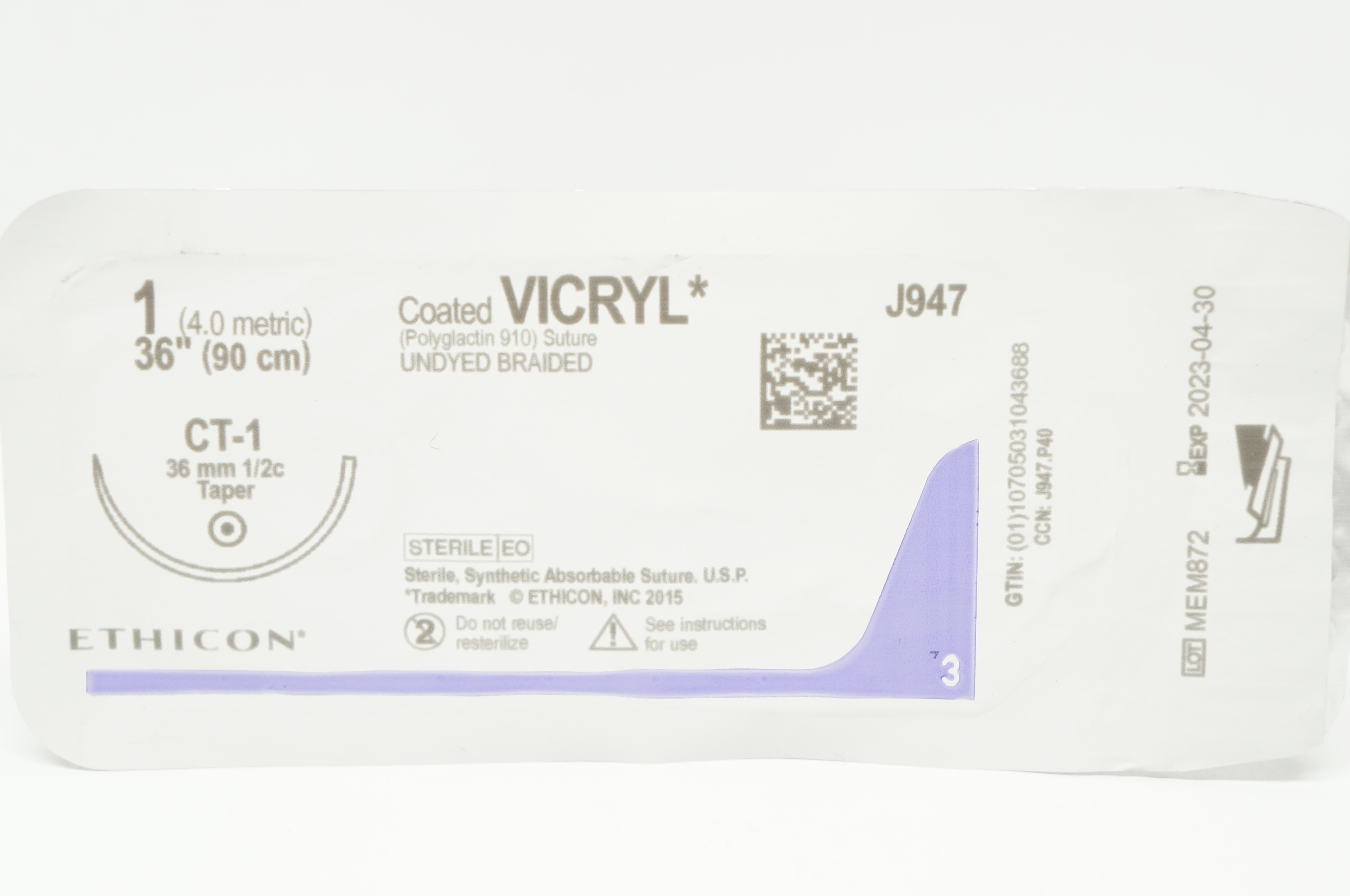 Ethicon J947 1 Coated VICRYL Stre CT-1 Undyed Braided 36mm 1/2c Taper 36inch