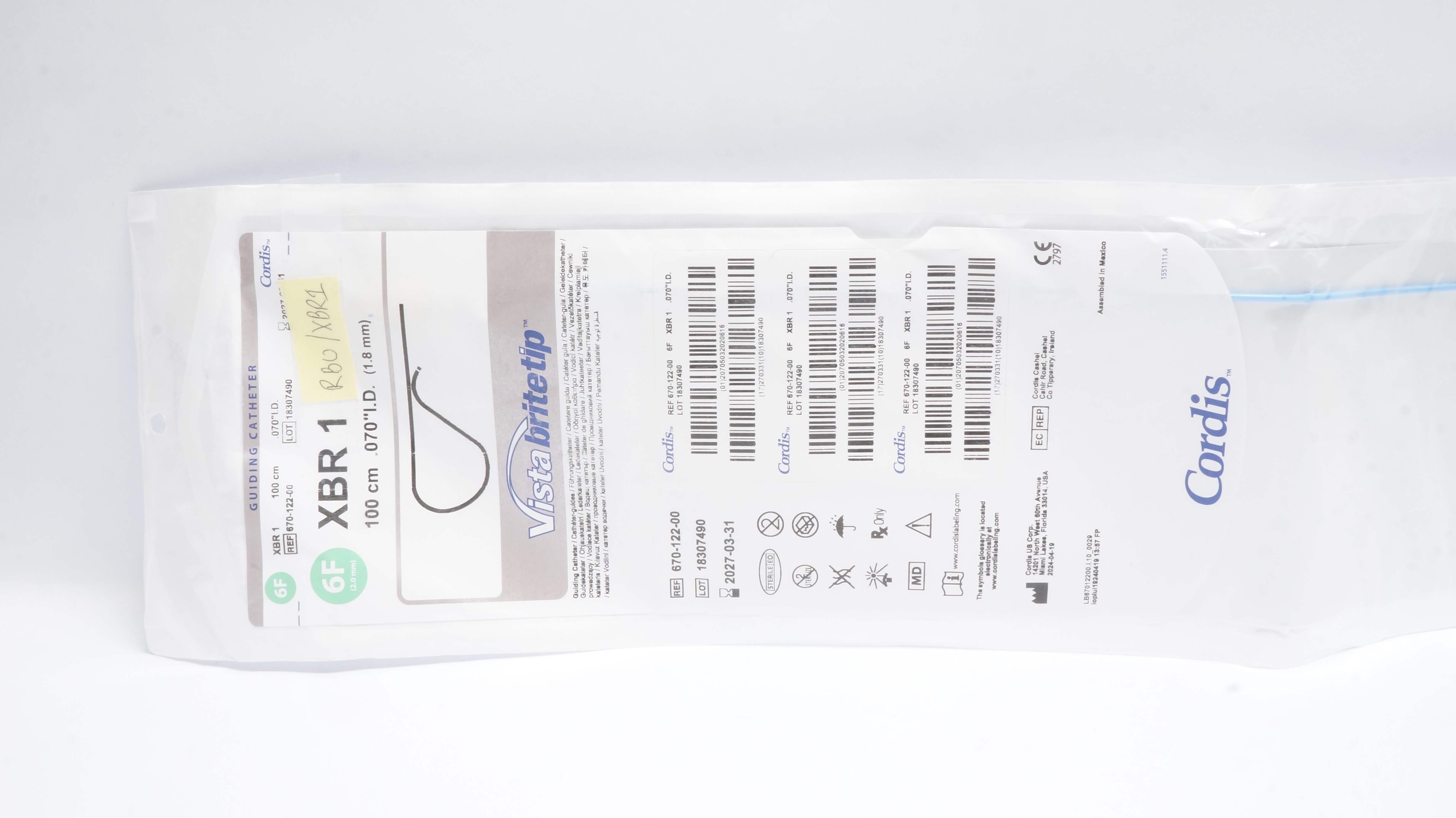 Cordis 670-122-00 Vista Brite Tip Guiding Cath. XBR1 6F x 100cm x .070inch