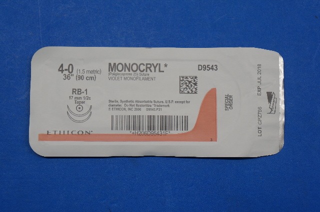 Ethicon D9543 4-0 MONOCRYL, RB-1 17mm 1/2c Taper, Violet Monofilament, 36