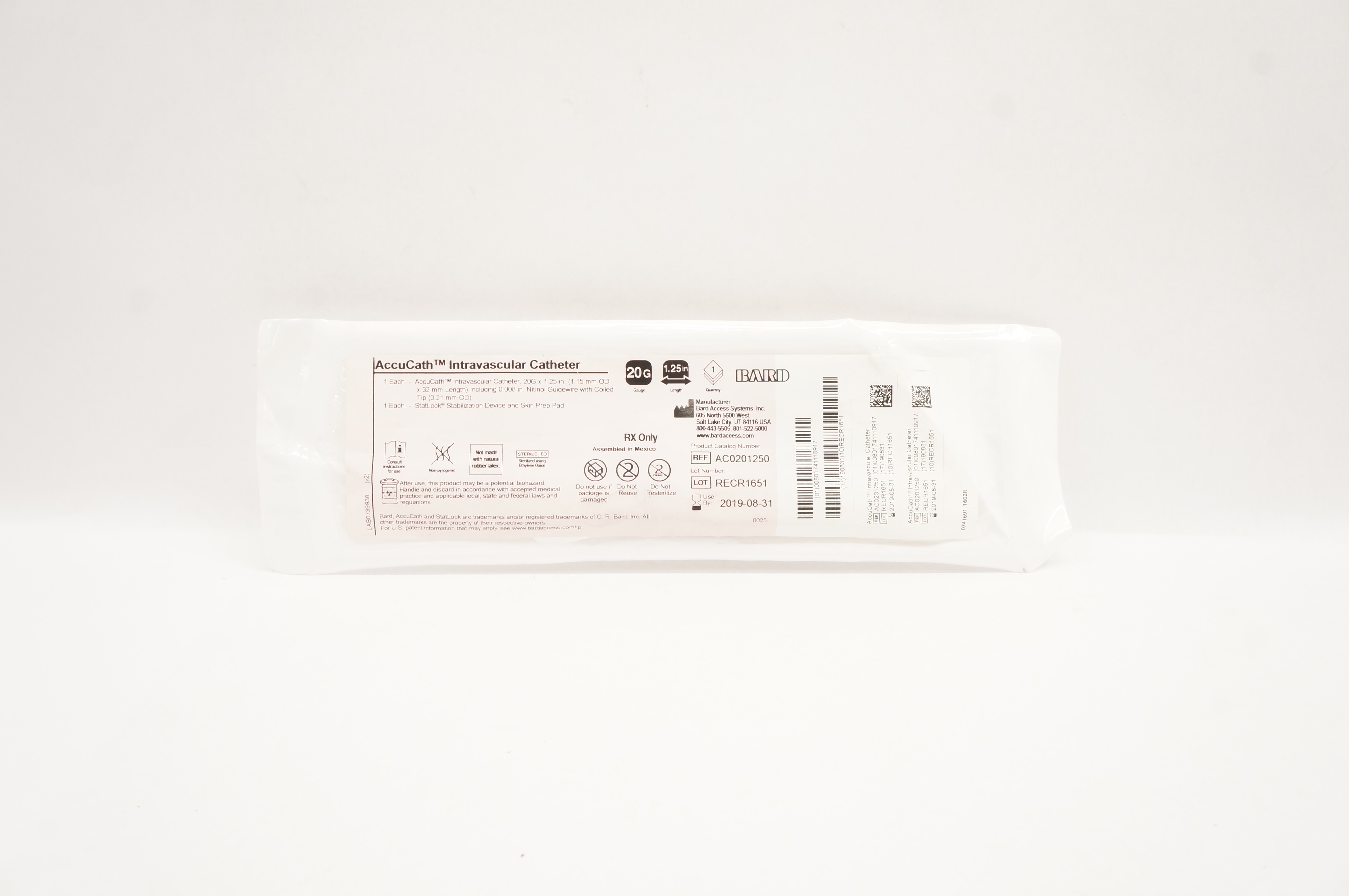Bard AC0201250 AccuCath Intravascular Cath. 20G x 1.25 inch (x)