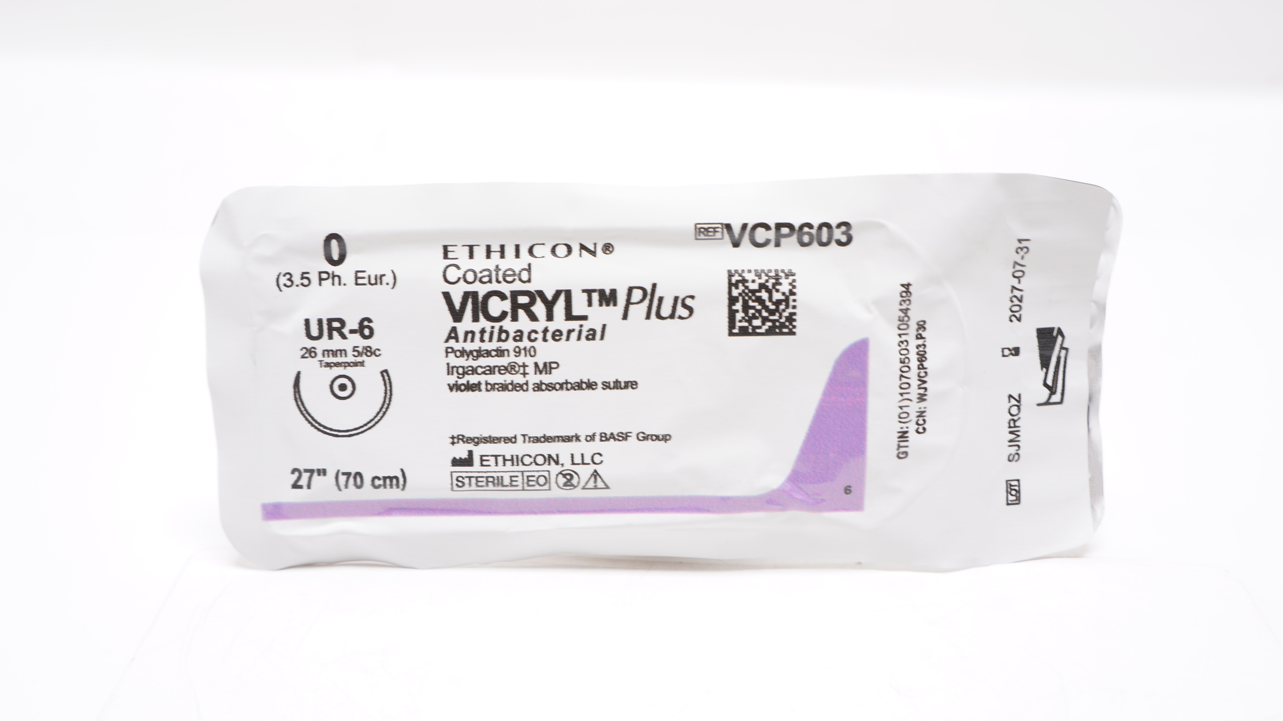 Ethicon VCP603 0 VICRYL Plus Polyglactin Stre UR-6 26 mm 5/8c Taperpoint 27 inch