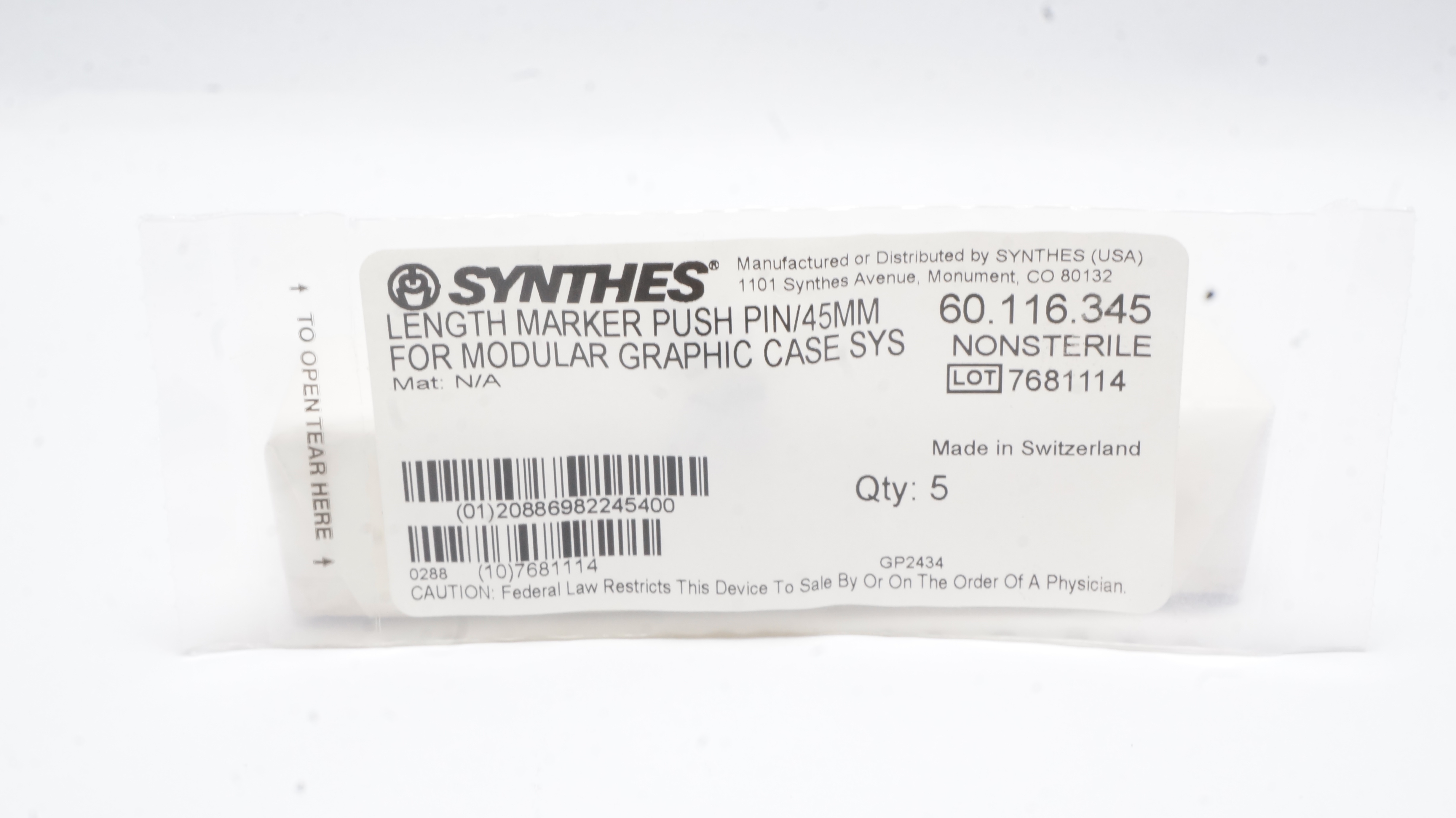 Synthes 60.116.345 Length Marker Push Pin/45mm Nonsterile - Pack of 4