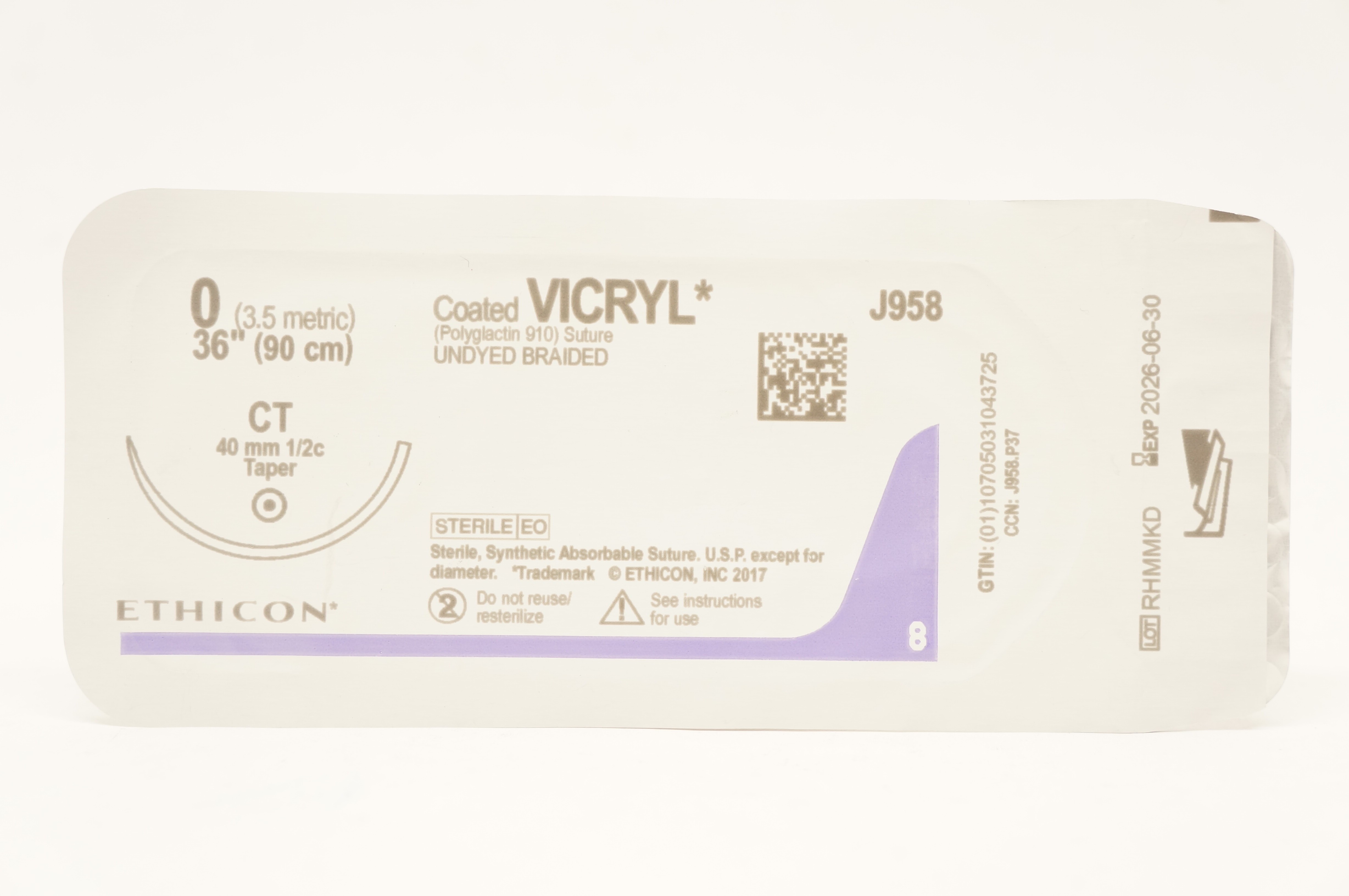 Ethicon J958 0 Coated VICRYL Polyglactin Stre CT 40mm 1/2c Taper, 36inch