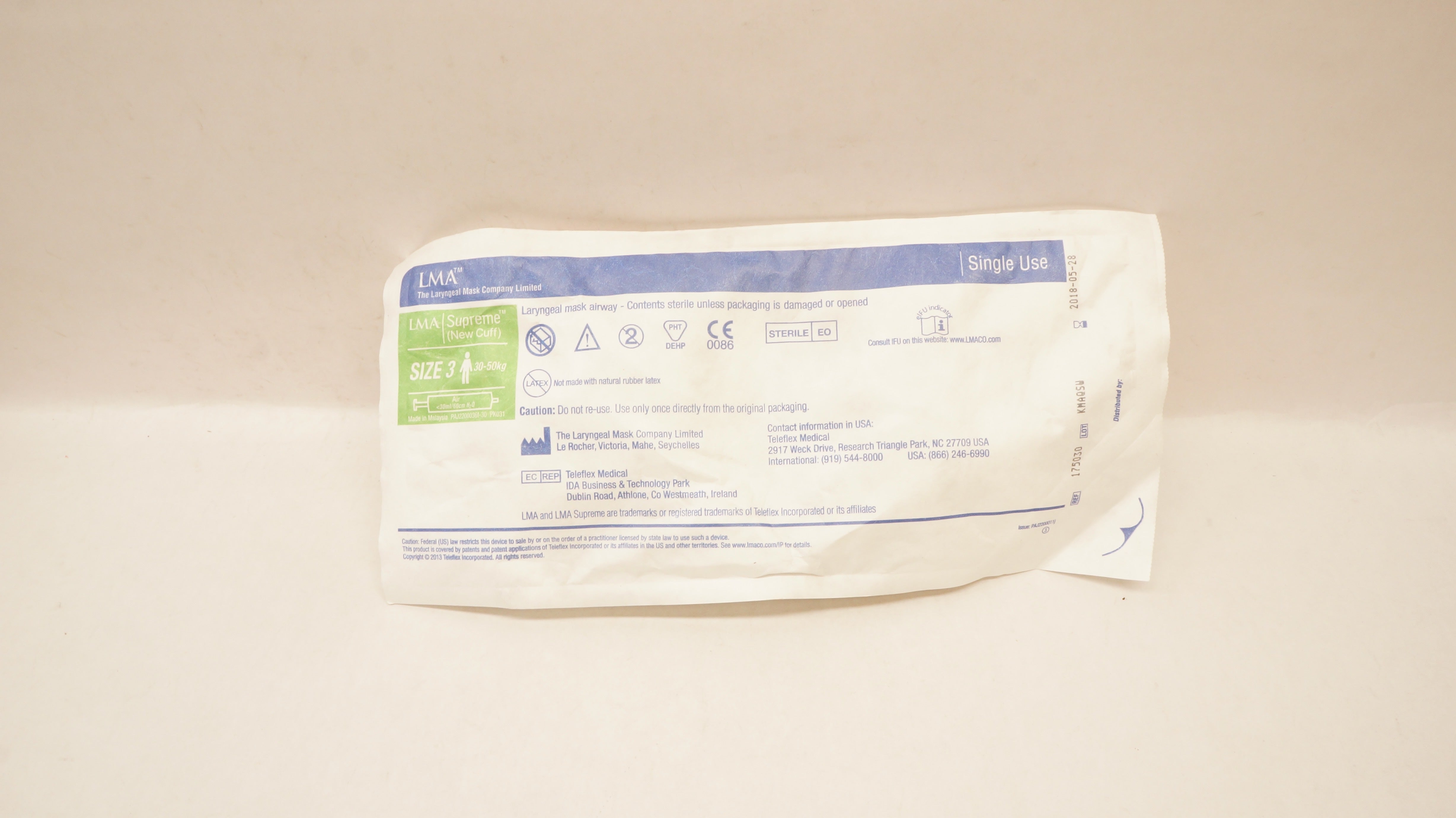 Teleflex 175030 LMA Supreme Laryngeal Mask Airway, Size 3, 30-50kg <30mL/60cm(x)