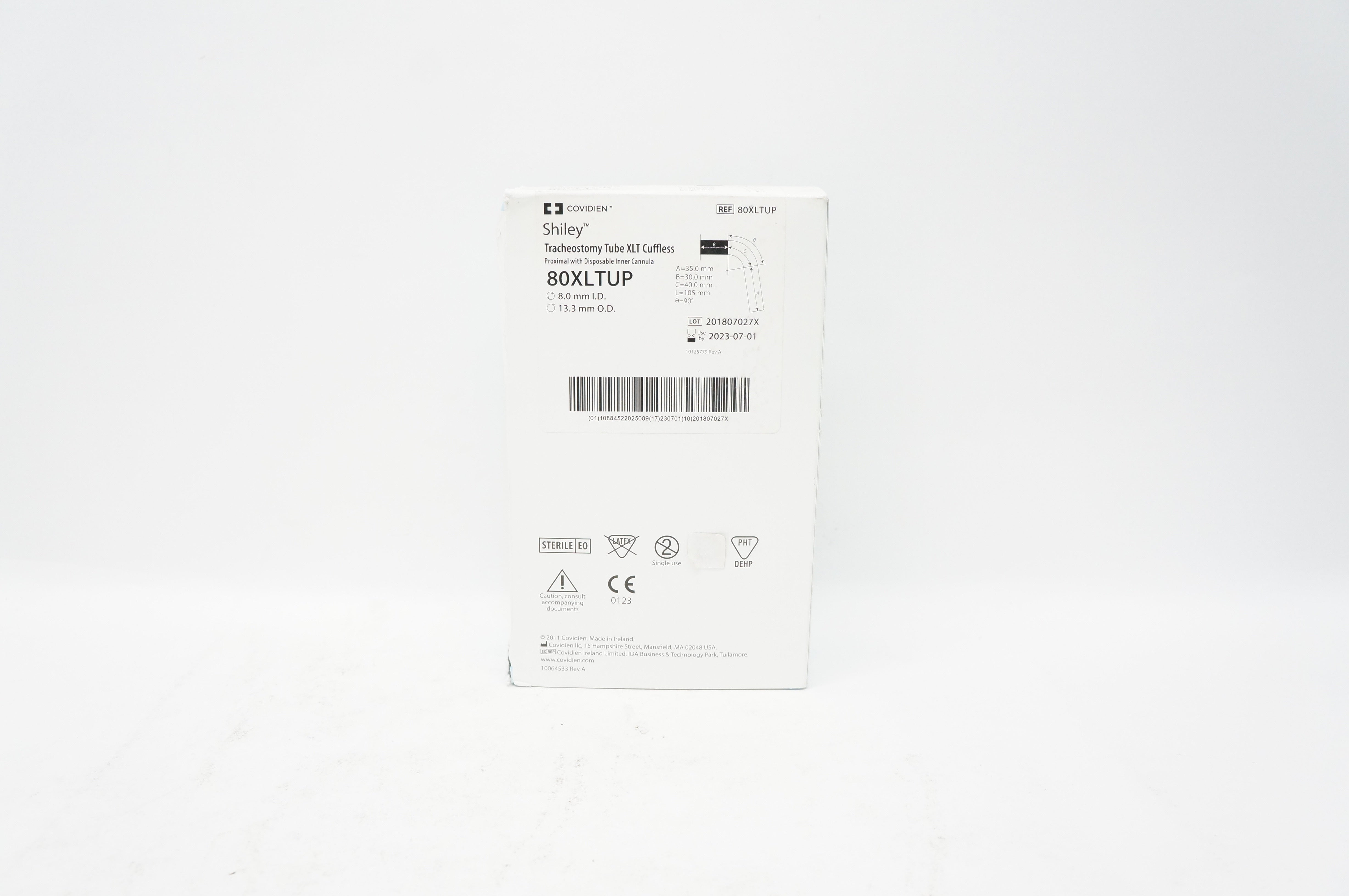 Covidien 80XLTUP Shiley Tracheostomy Tube XLT Cuffless 8.0mm ID, 13.3mm OD