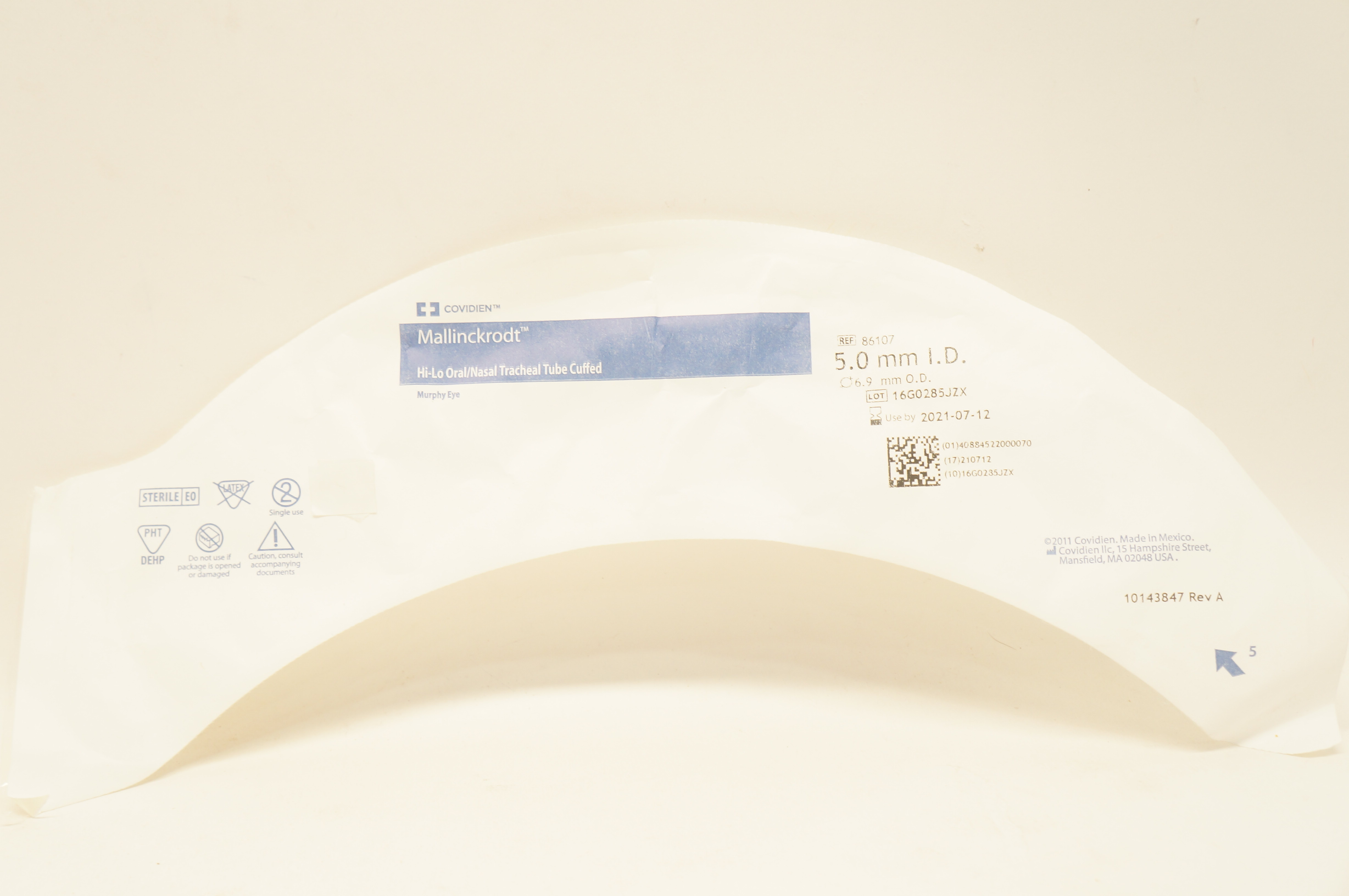 Covidien 86107 Mallinckrodt Hi-Lo Oral/Nasal Tracheal Tube Cuffed 5 x 6.9mm (x)