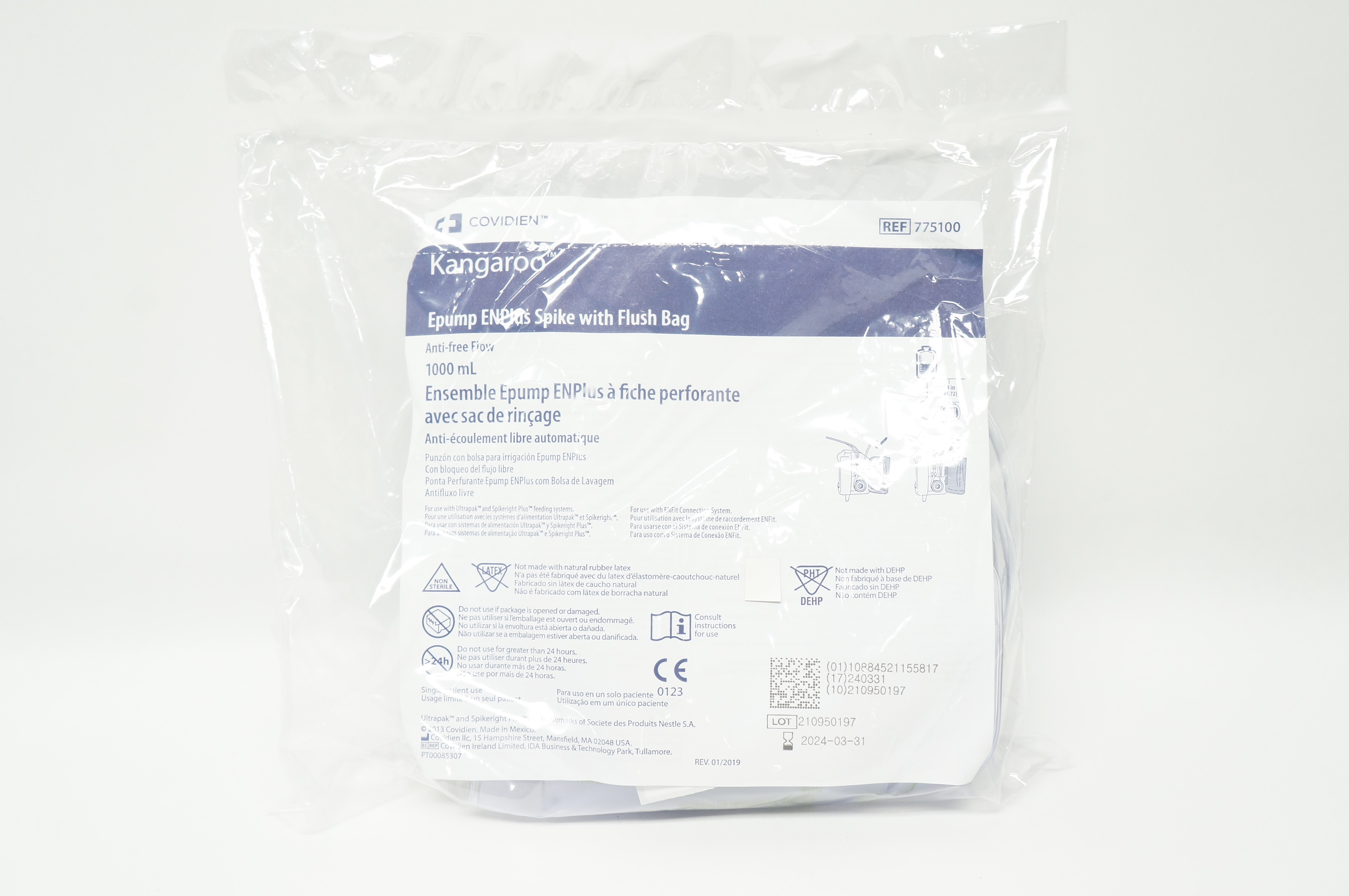 Covidien 775100 Kangaroo Epump ENPlus Spike with Flush Bag Anti-free Flow 1000mL