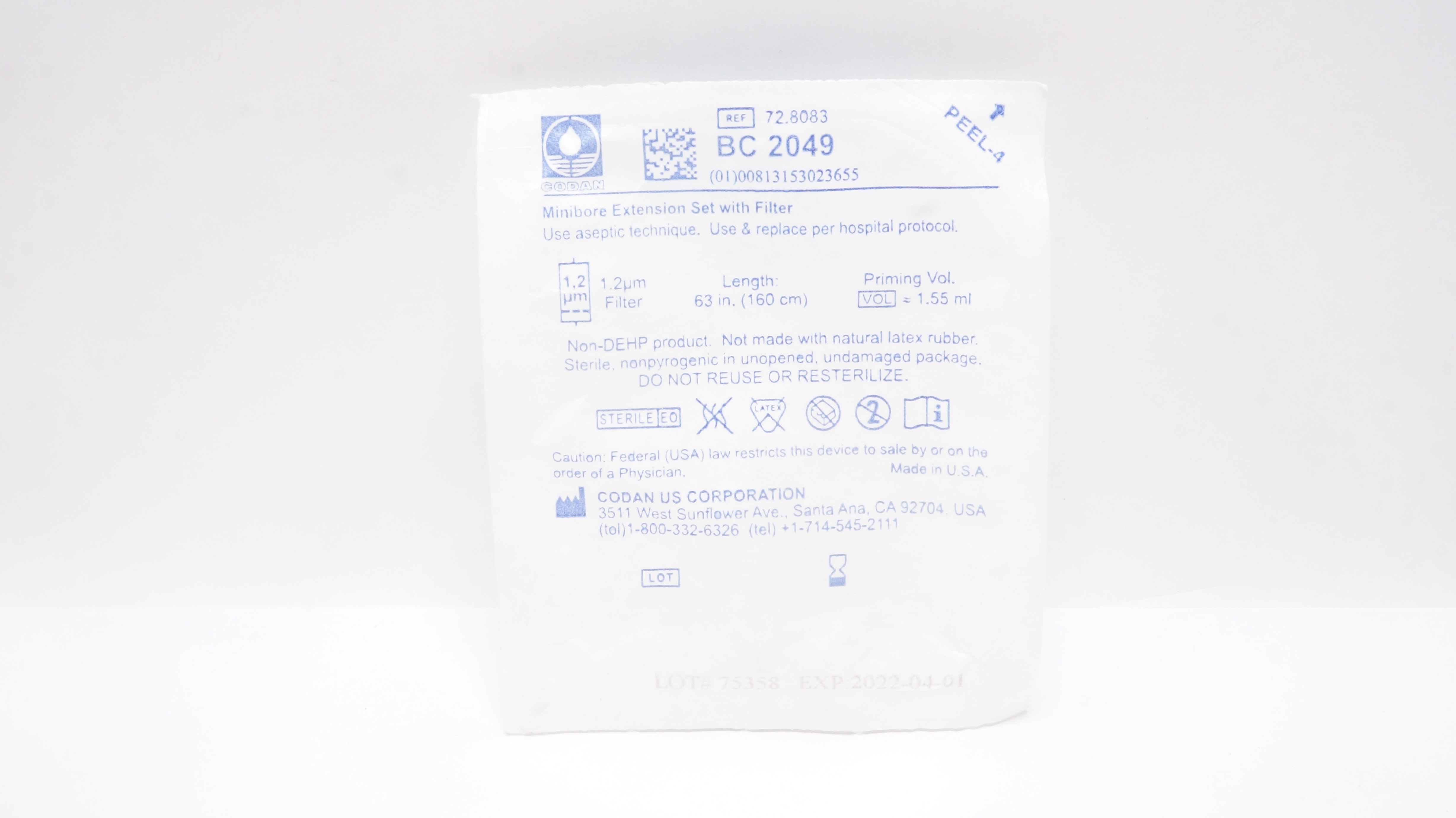 Codan 72.8083 Minibore Extension Set w/Filter 63inch x 1.2µm Prim.Vol.1.55ml (x)