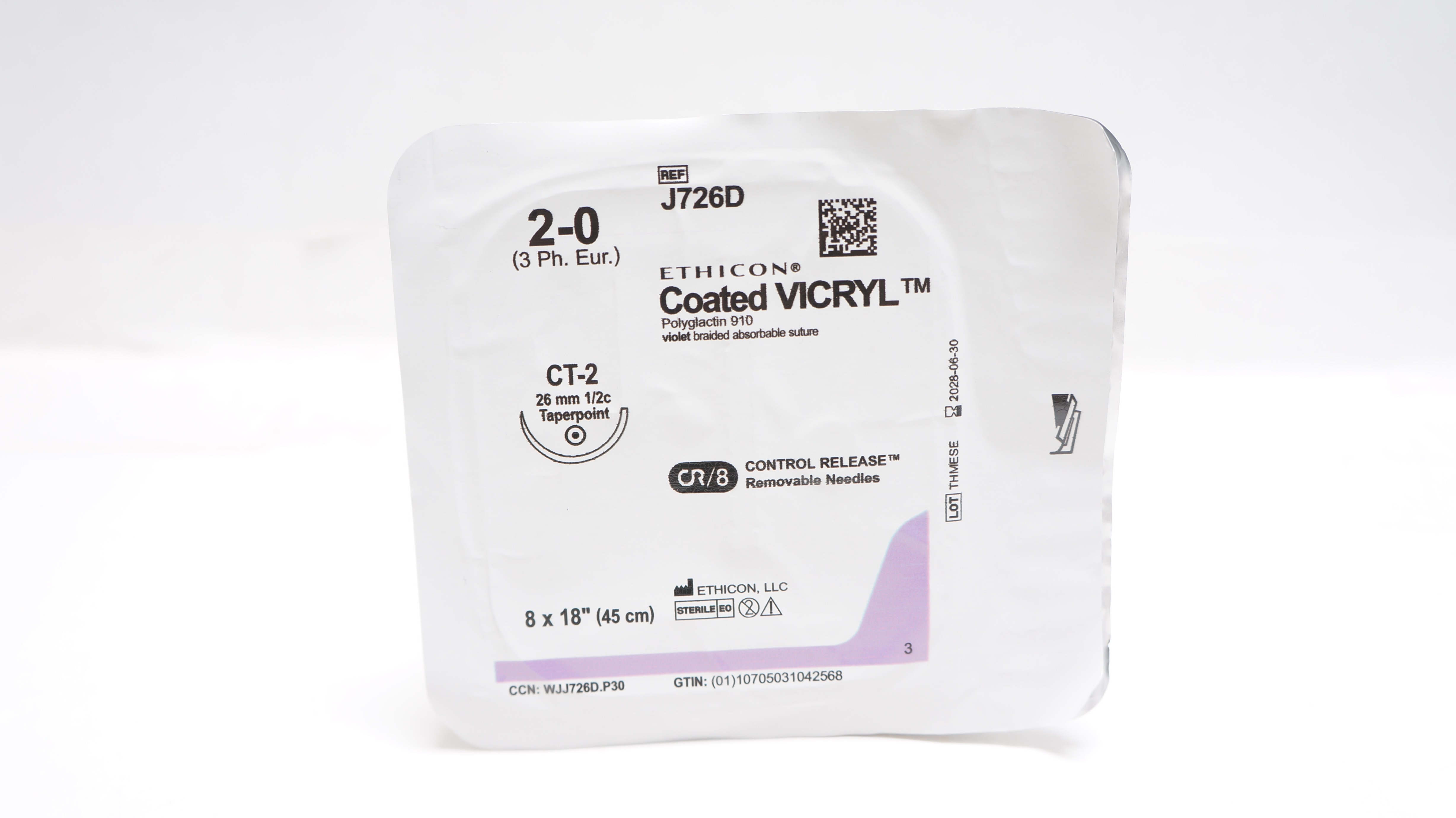 Ethicon J726D 2-0 Coated VICRYL Stre CT-2 26mm 1/2c Taperpoint, 8 x 18inch