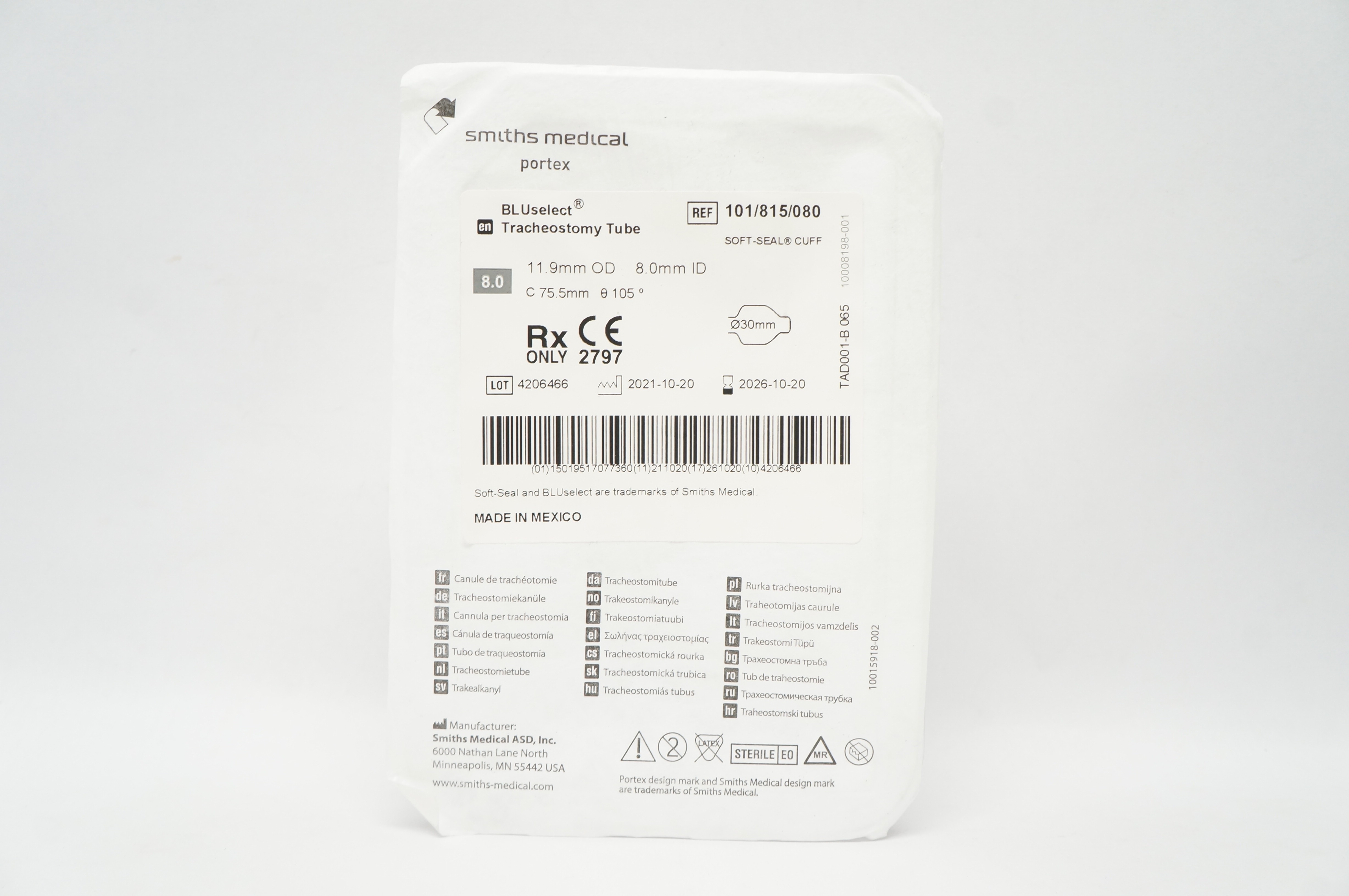 Smiths Medical 101/815/080 BLUselect Tracheostomy Tube 11.9mm x 8.0mm