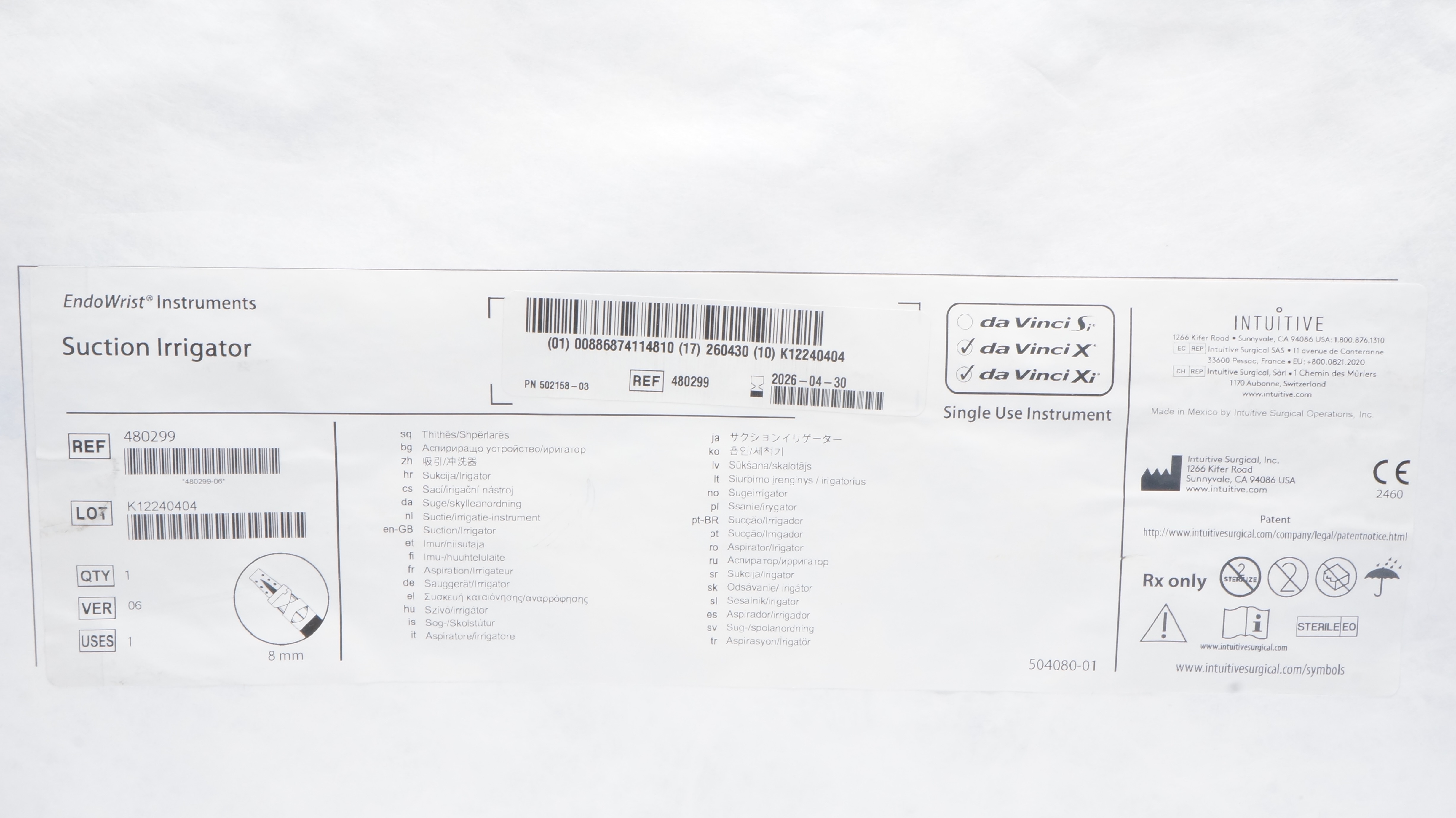 Intuitive 480299 da Vinci X da Vinci Xi, EndoWrist Suction Irrigator VER 04 8mm