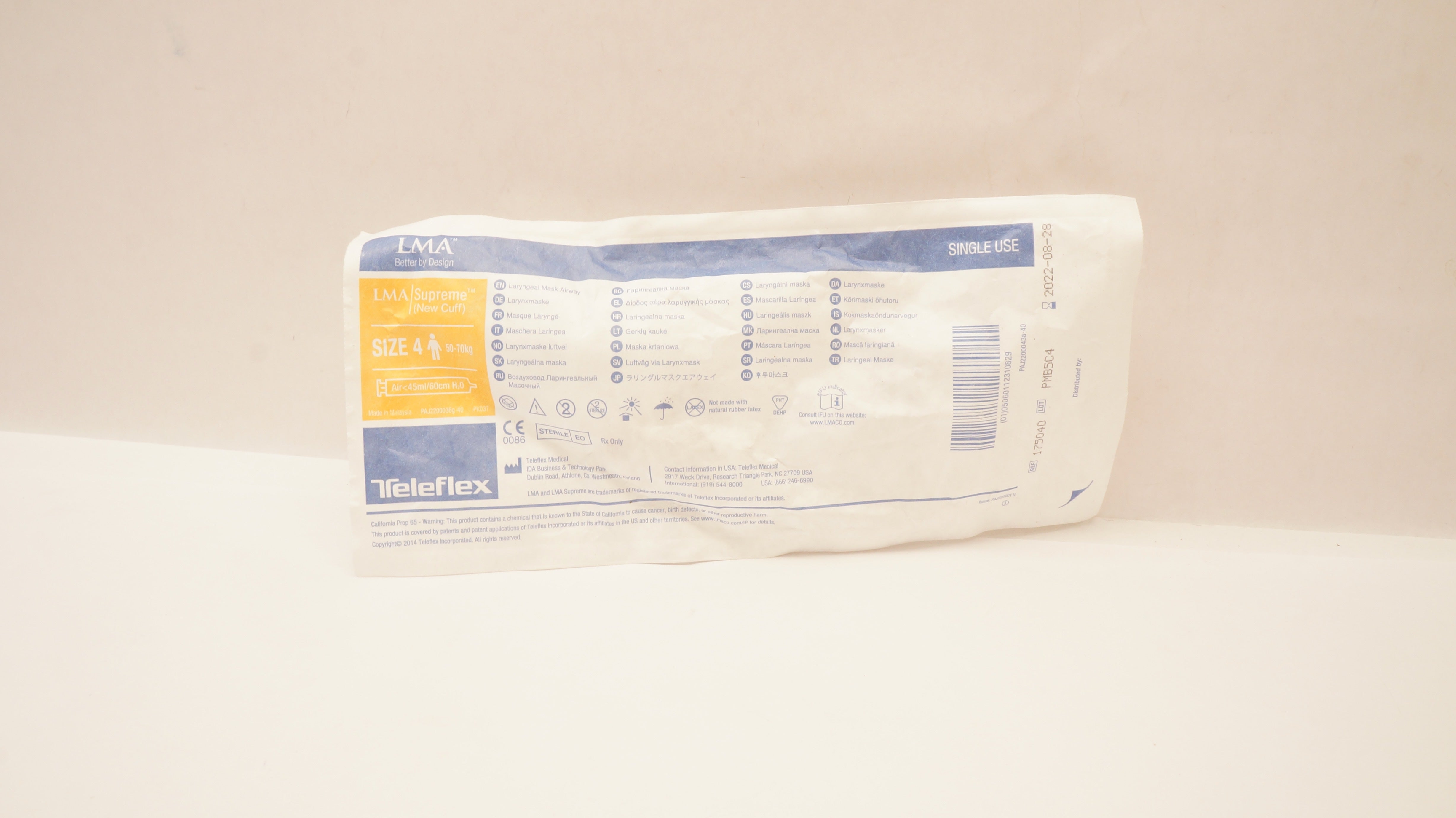 Teleflex 175040 Laryngeal Mask Airway, Size 4, 50-70kg Air <45ml/60cm H2O (x)