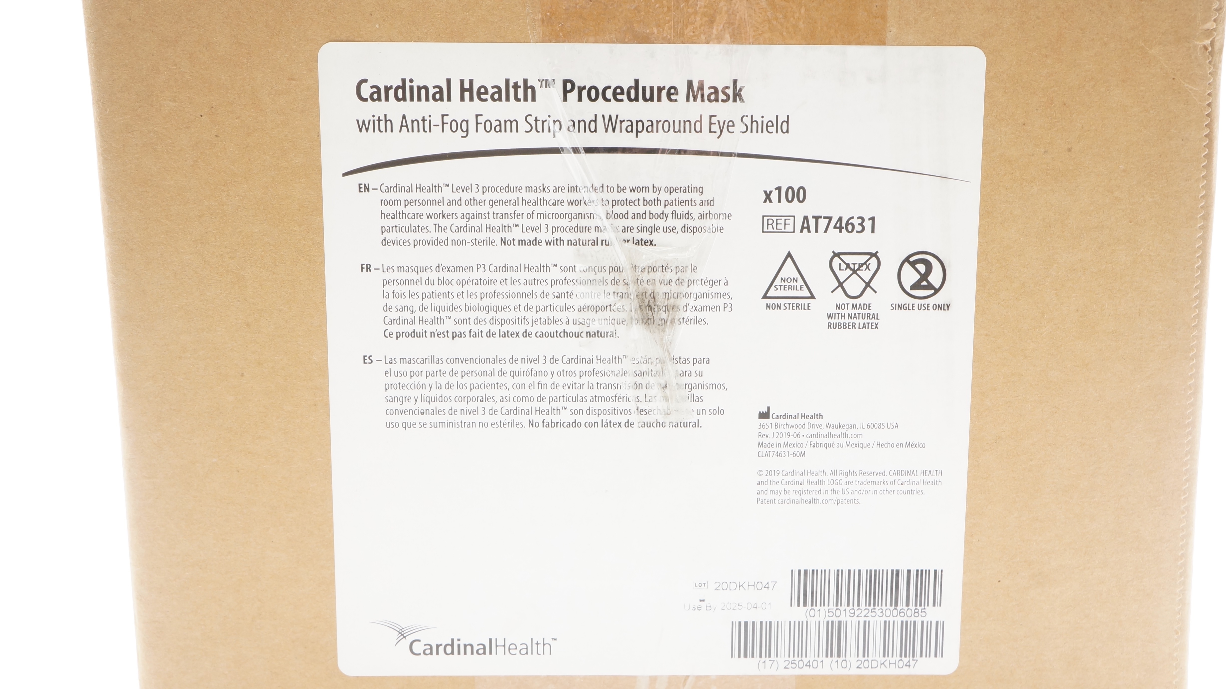 Cardinal Health AT74631 Level 3 Procedure Mask w/Anti-fog Foam Strip - Box of 100