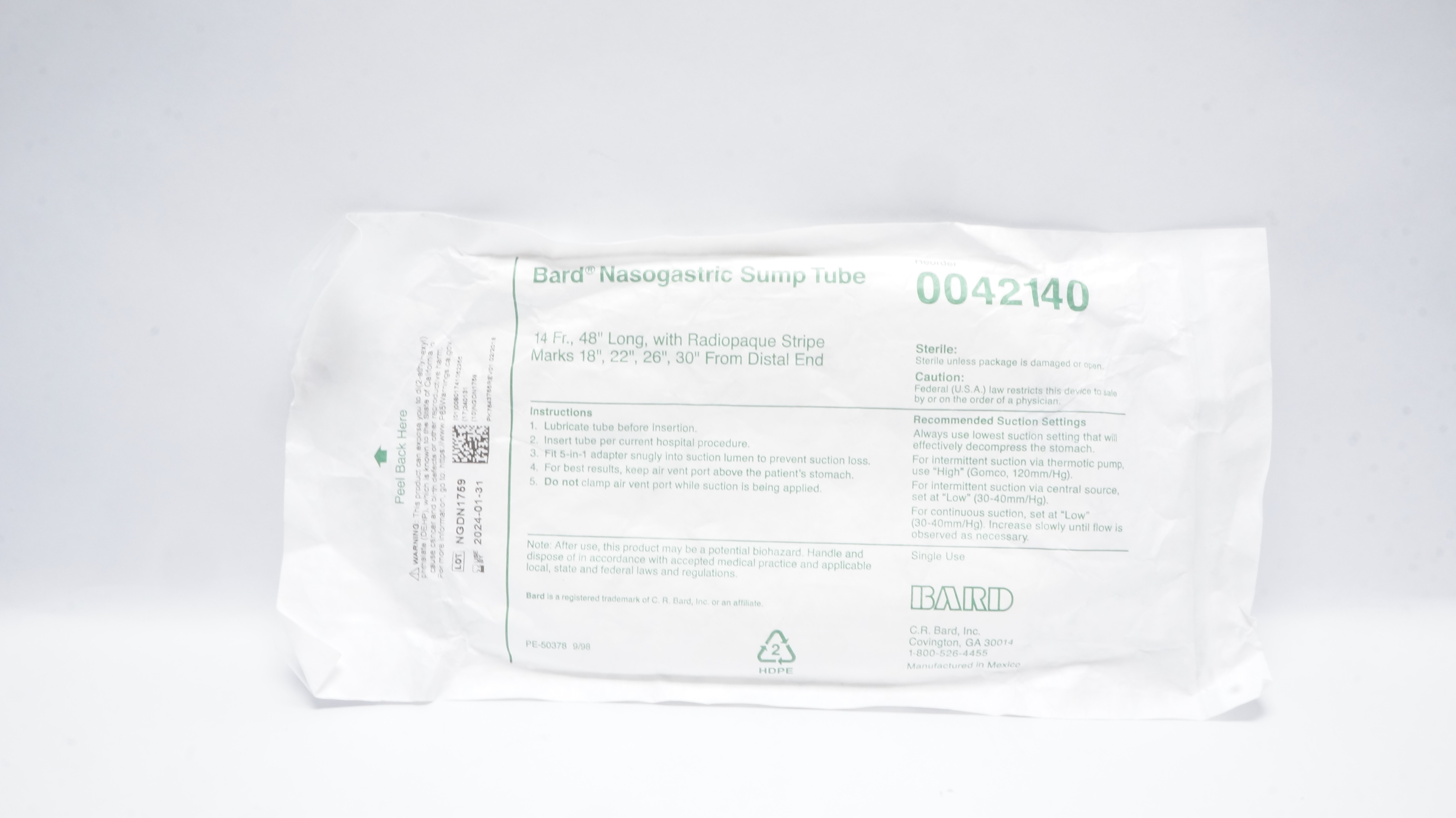 Bard 0042140 Nasogastric Sump Tube with Radiopaque Stripe Marks 14Fr x 48inch(x)