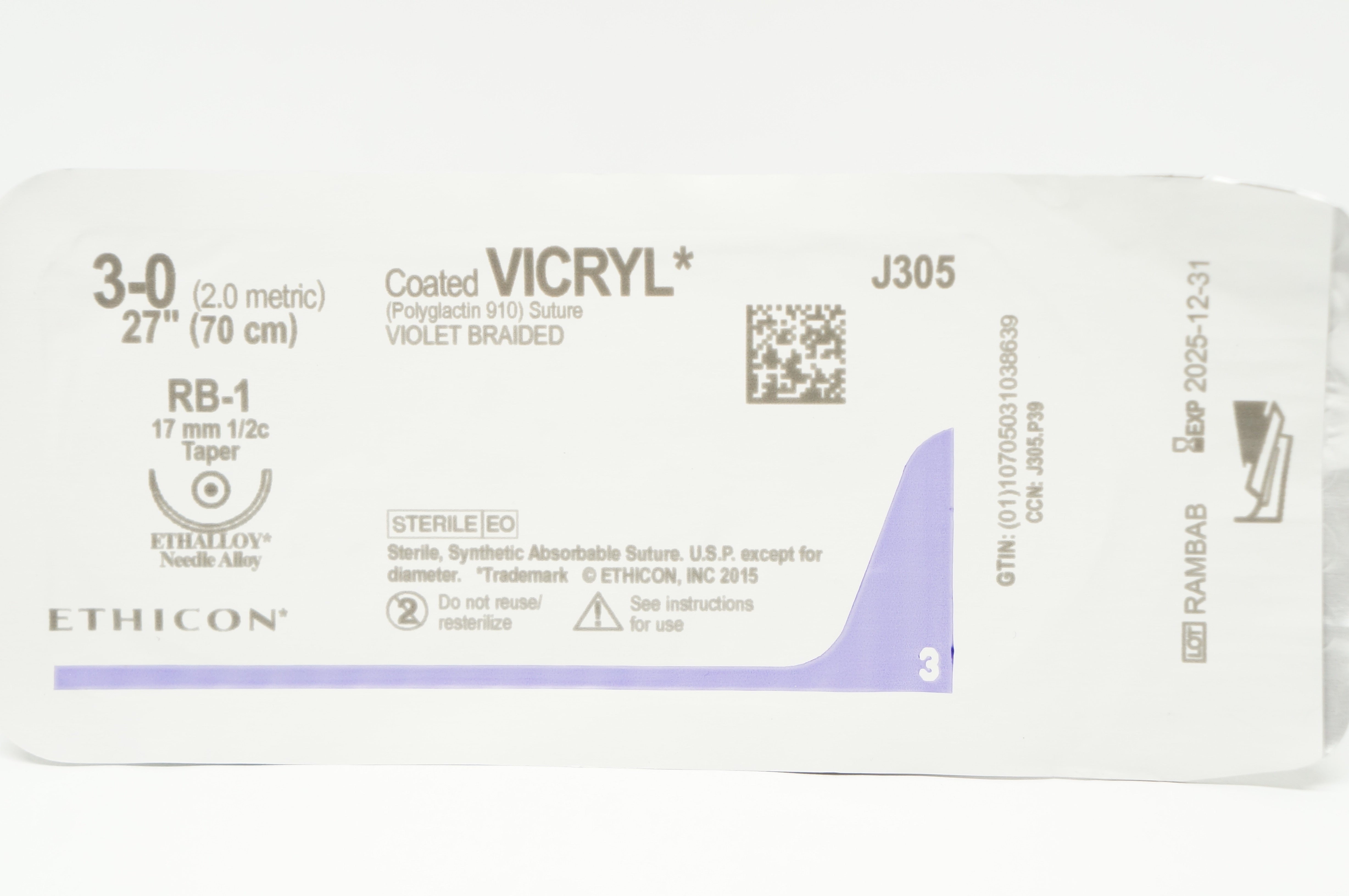 Ethicon J305 3-0 Coated VICRYL, Violet Braided RB-1 17mm 1/2c, Taper, 27in.