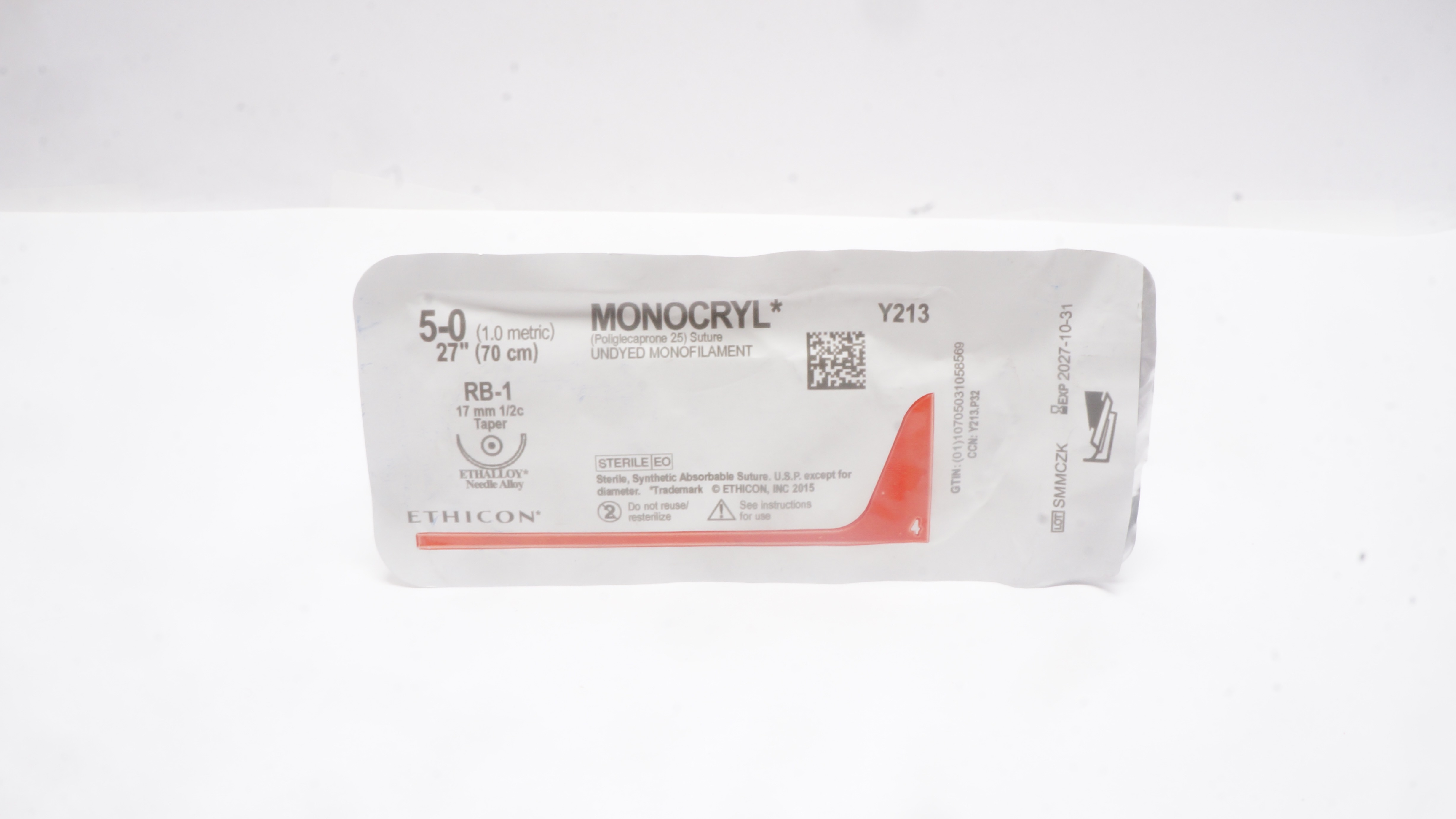 Ethicon Y213 5-0 Monocryl Undyed Monofilament, RB-1, 17mm 1/2c Taper, 27inch