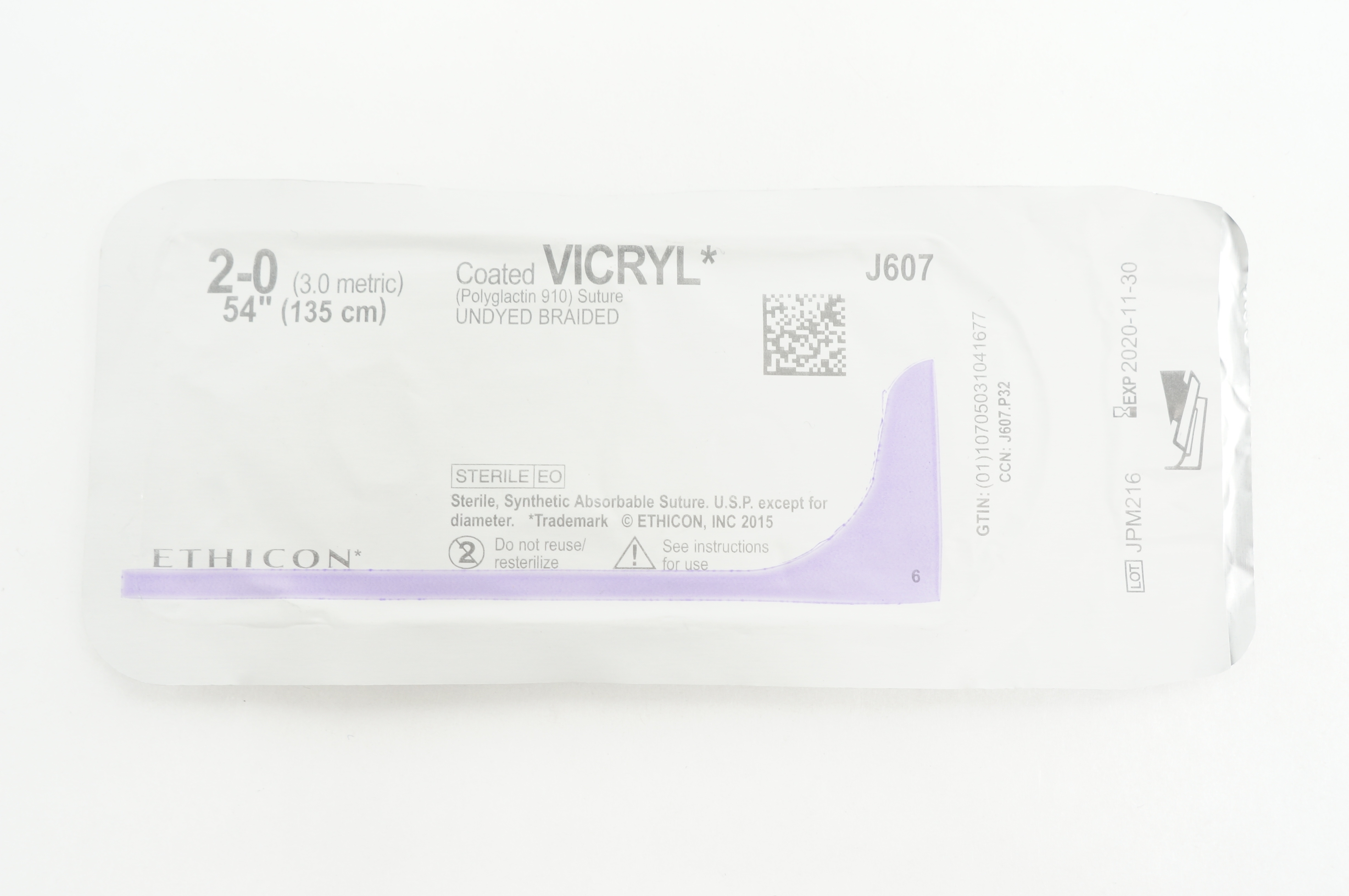 Ethicon J607 2-0 VICRYL SUTUPAK Undyed Braided Absorbable, 54inch (x)