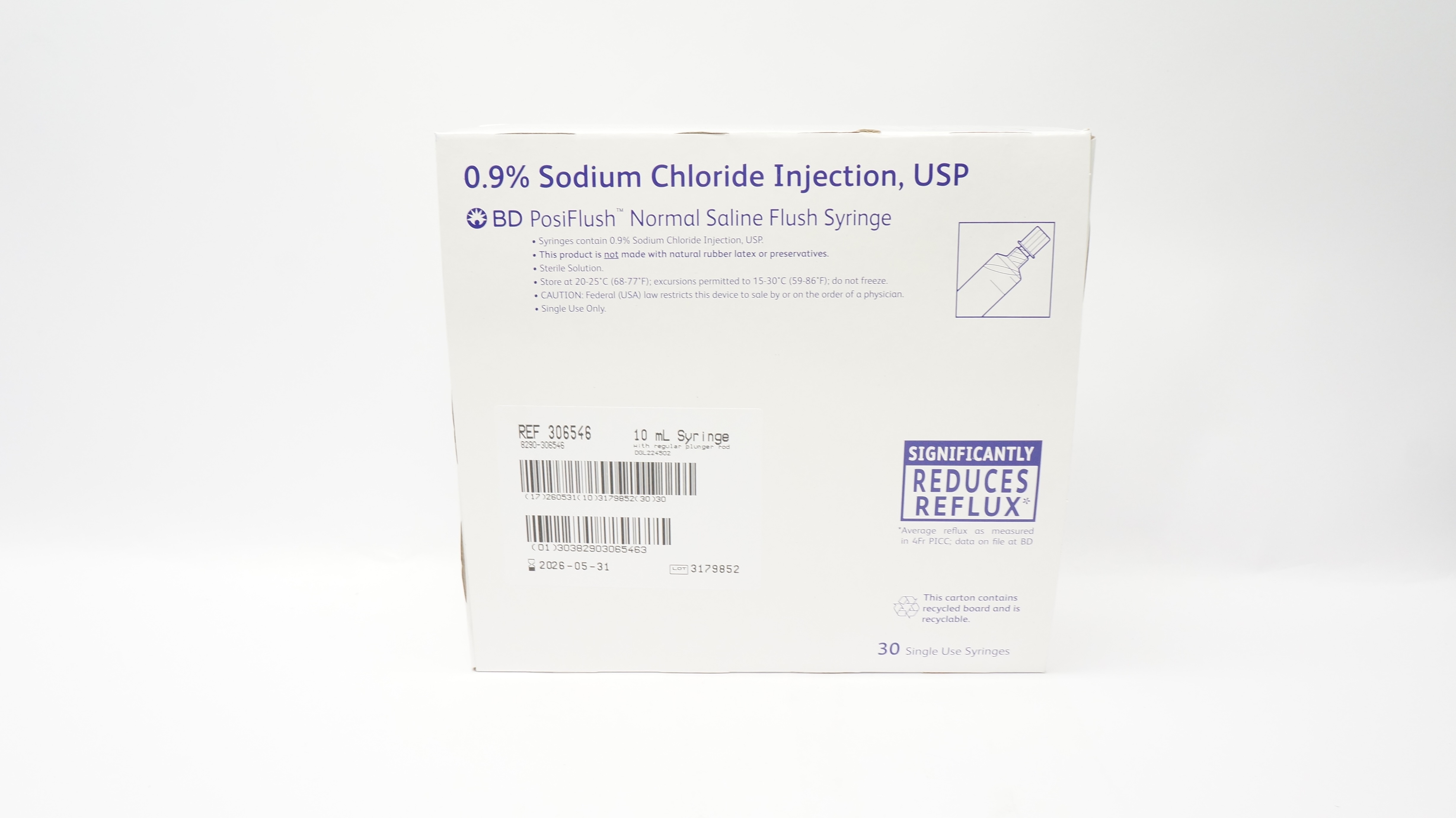 BD 306546 PosiFlush 0.9% Sodium Chloride, SF Syringe 10mL - Box of 30