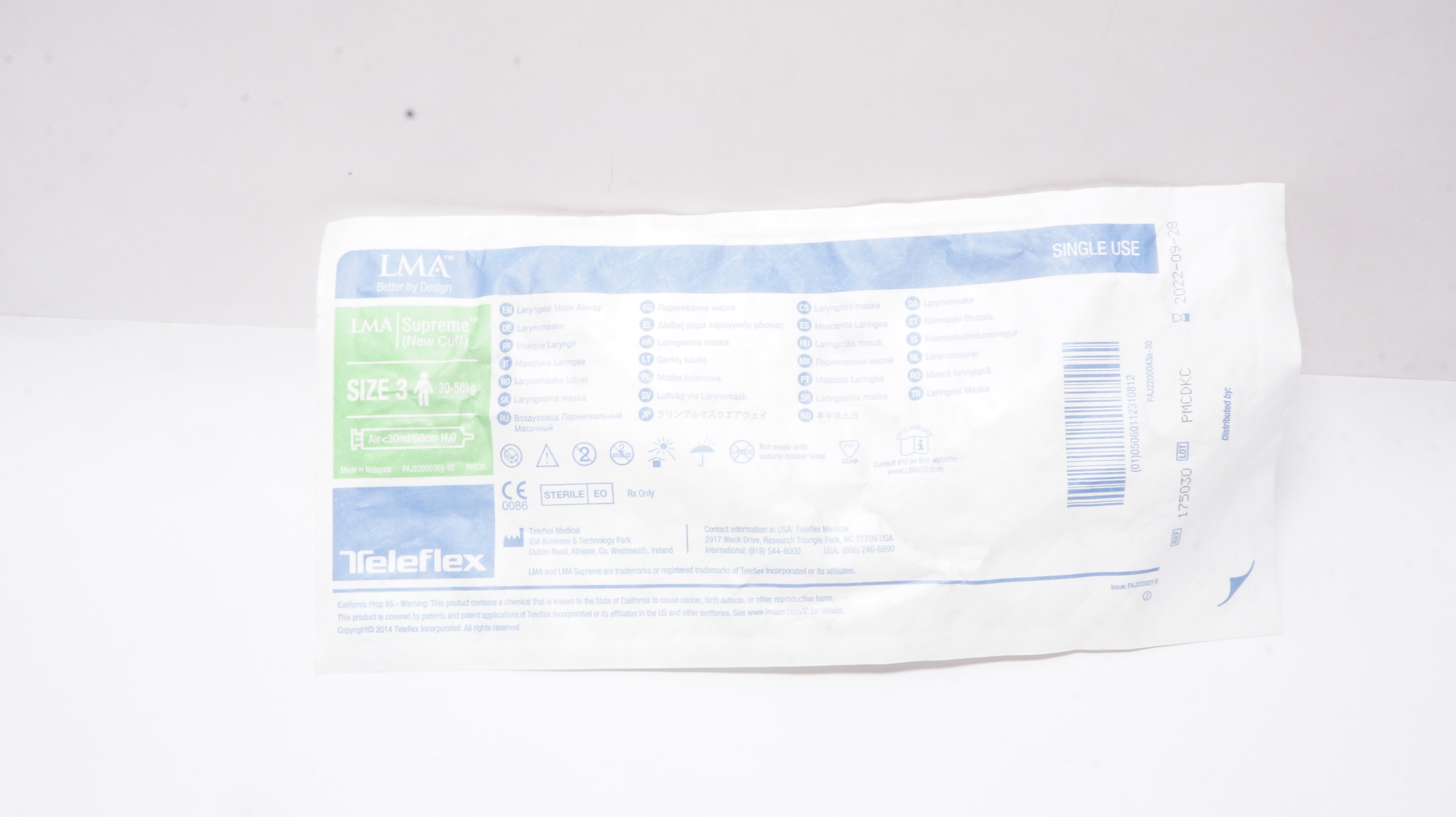 Teleflex 175030 LMA Supreme Laryngoscope Mask Airway Size 3 30-50kg<30ml/60cm(x)