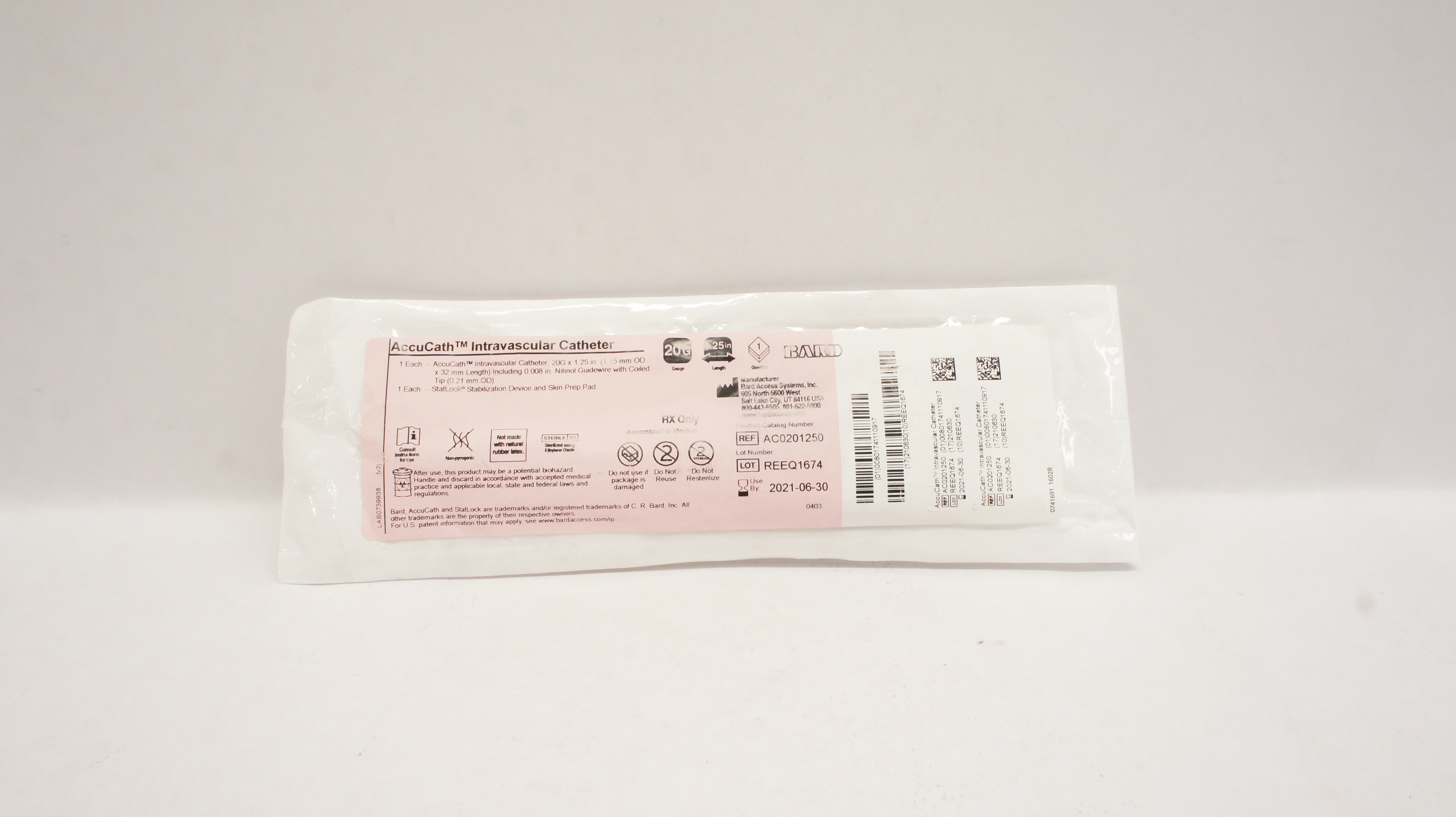 Bard AC0201250 AccuCath Intravascular Cath. 20G x 1.25 inch (x)