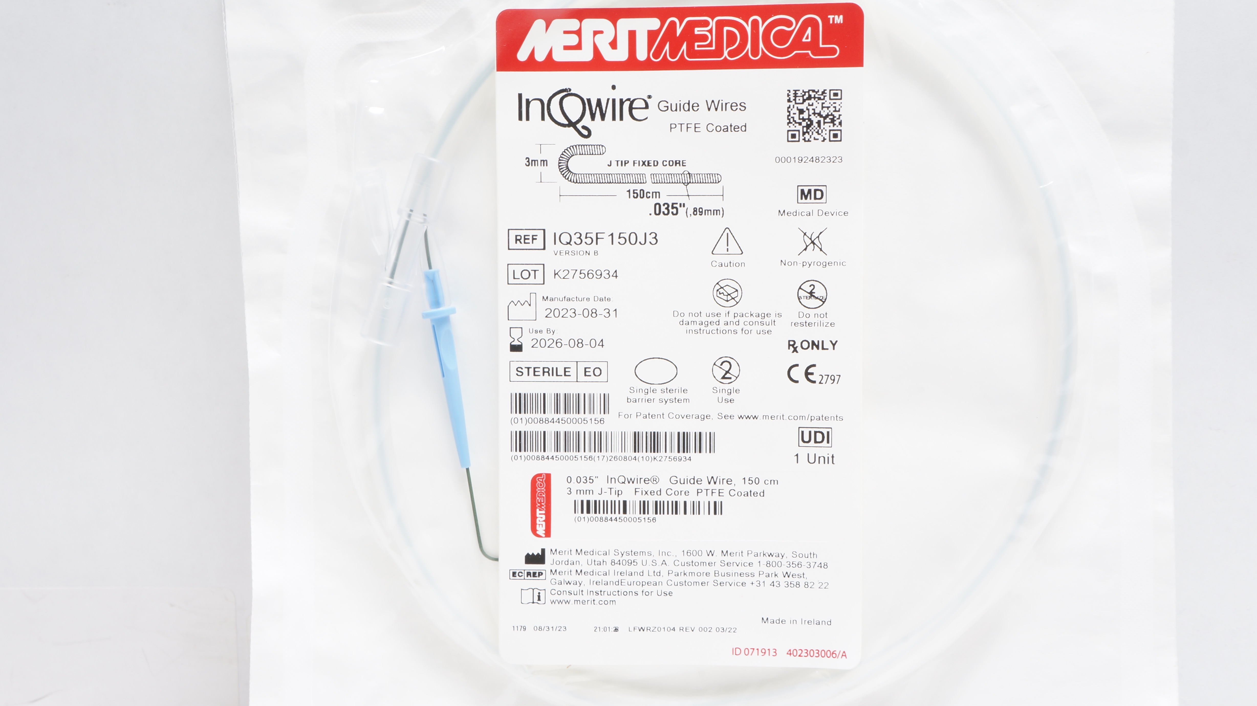 Merit Medical IQ35F150J3F InQwire Guide Wires PTFE Coated 150cm x 3mm x .035inch