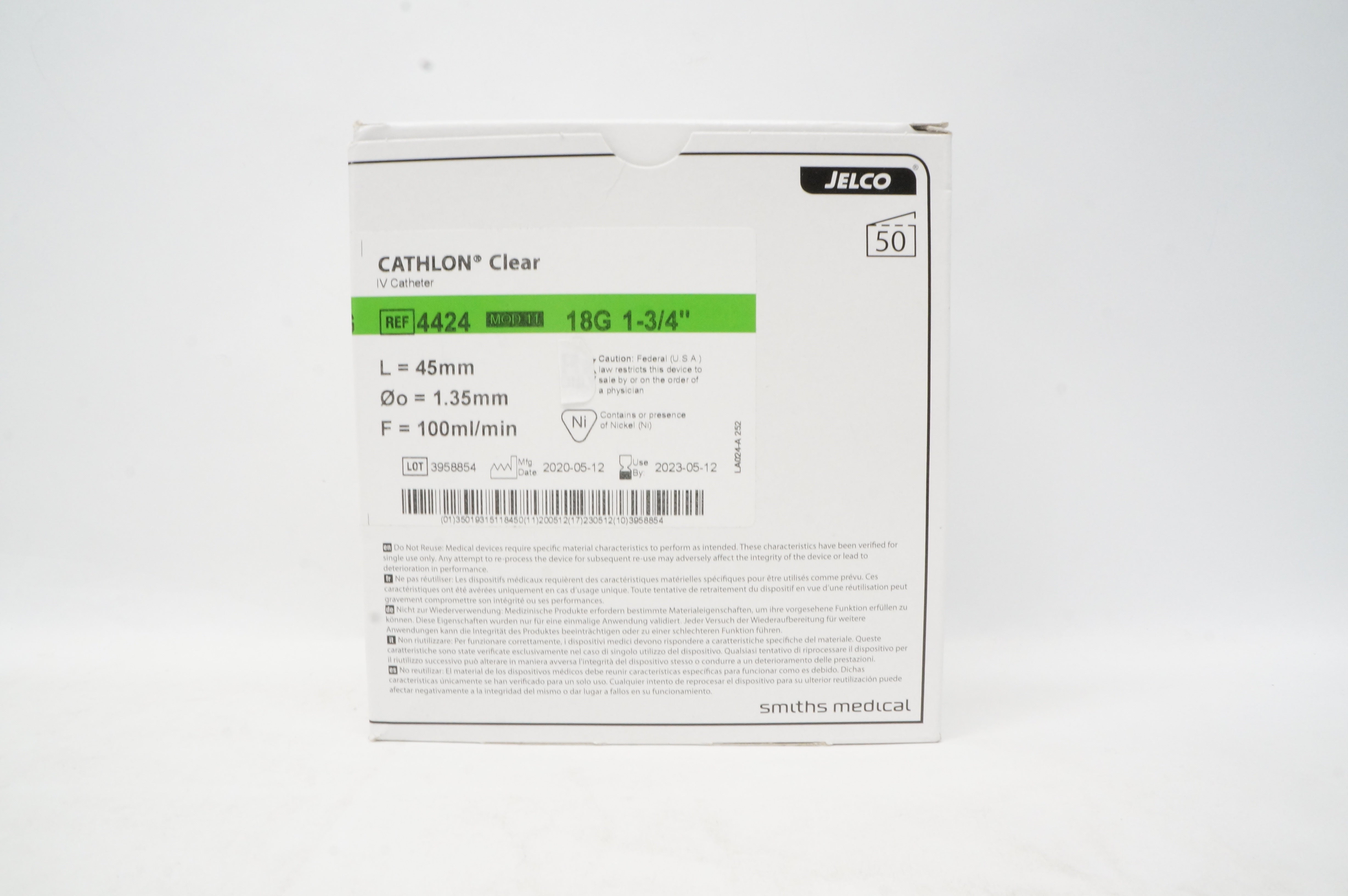Smiths Medical 4424 Cathlon Clear I.V. Cath.18G x 1-3/4in.100ml/min - Box of 50