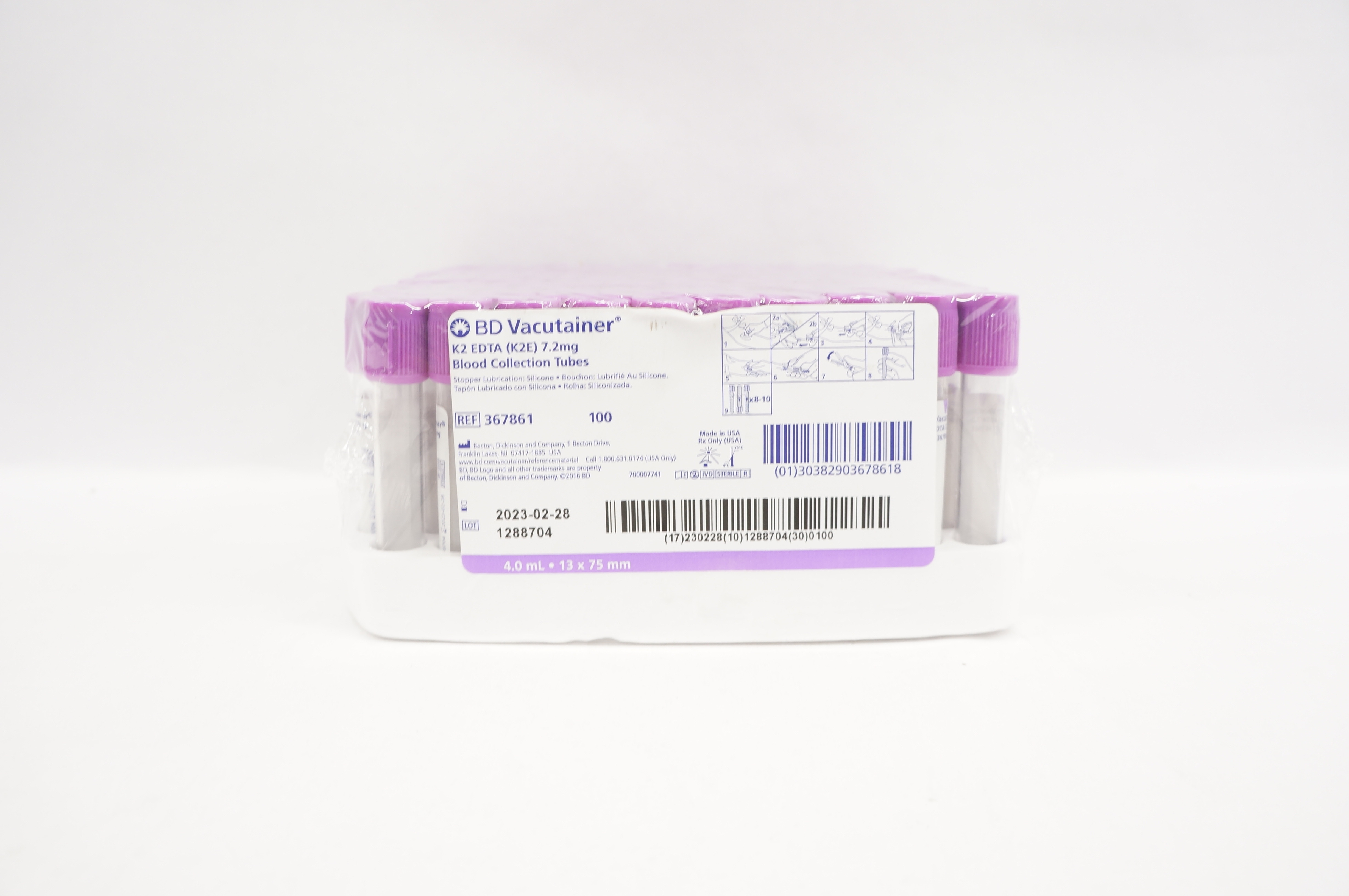 BD 367861 Vacutainer K2 EDTA 7.2mg Blood Collection Tubes - Pack of 100