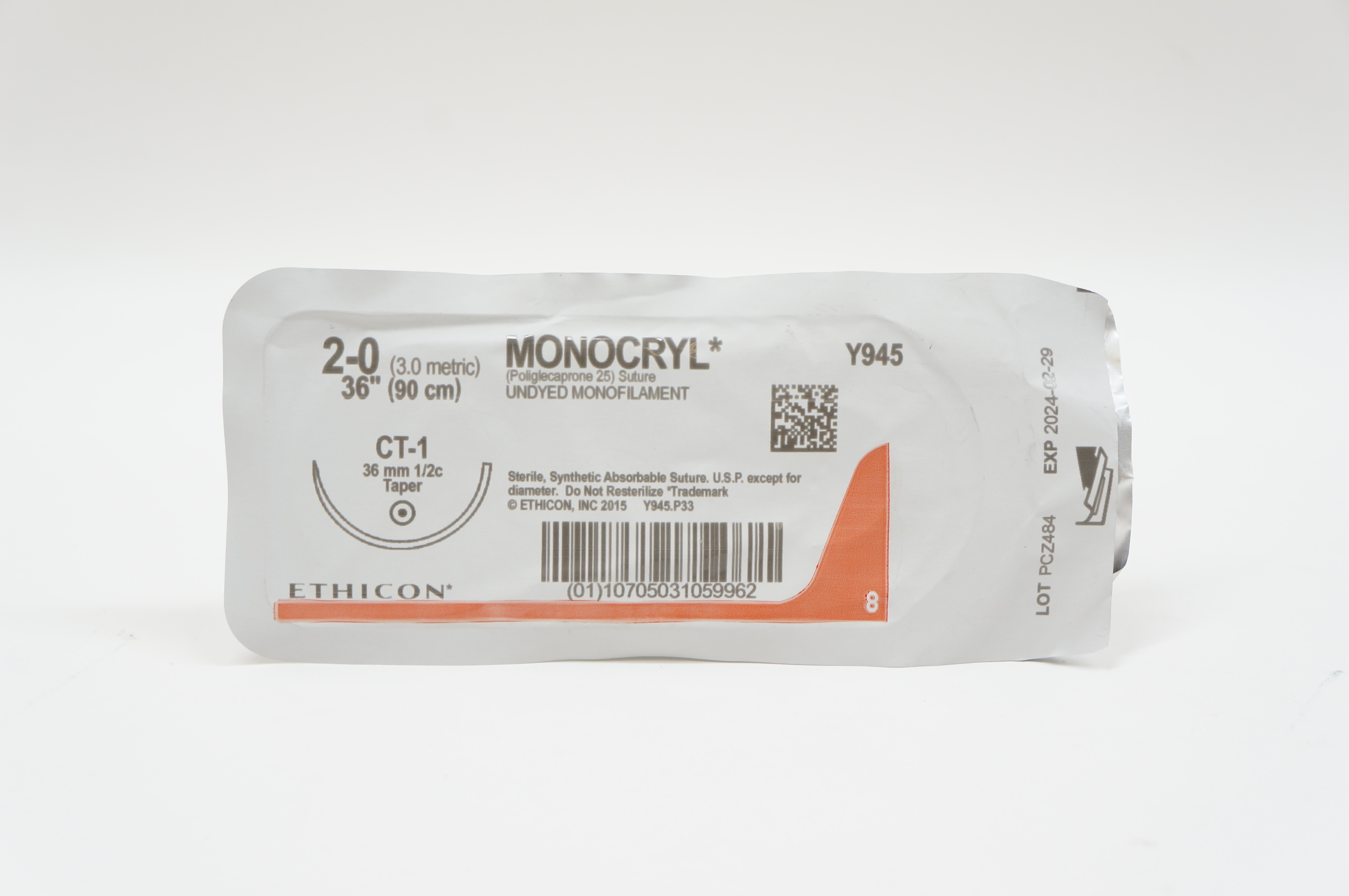 Ethicon Y945 2-0 MONOCRYL, CT-1, 36mm 1/2c Taper, 36inch