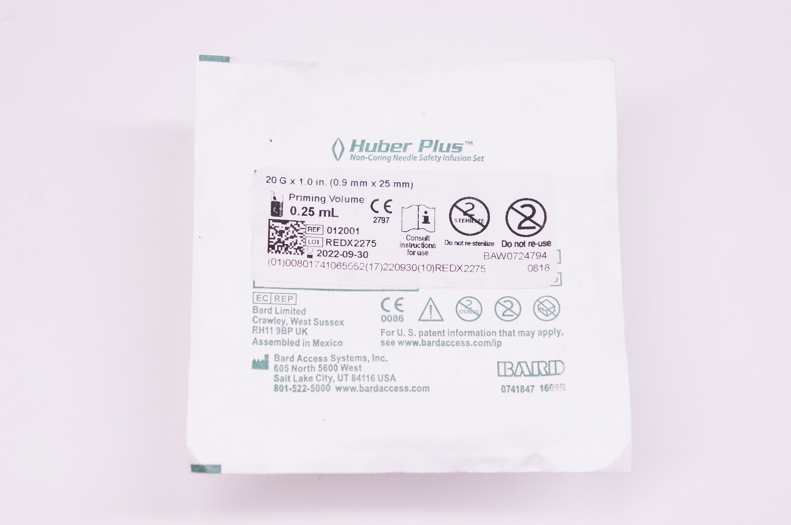 Bard 012001 Huber Plus Non-Coring Ndle Safety Infusion Set 20G x 1inch