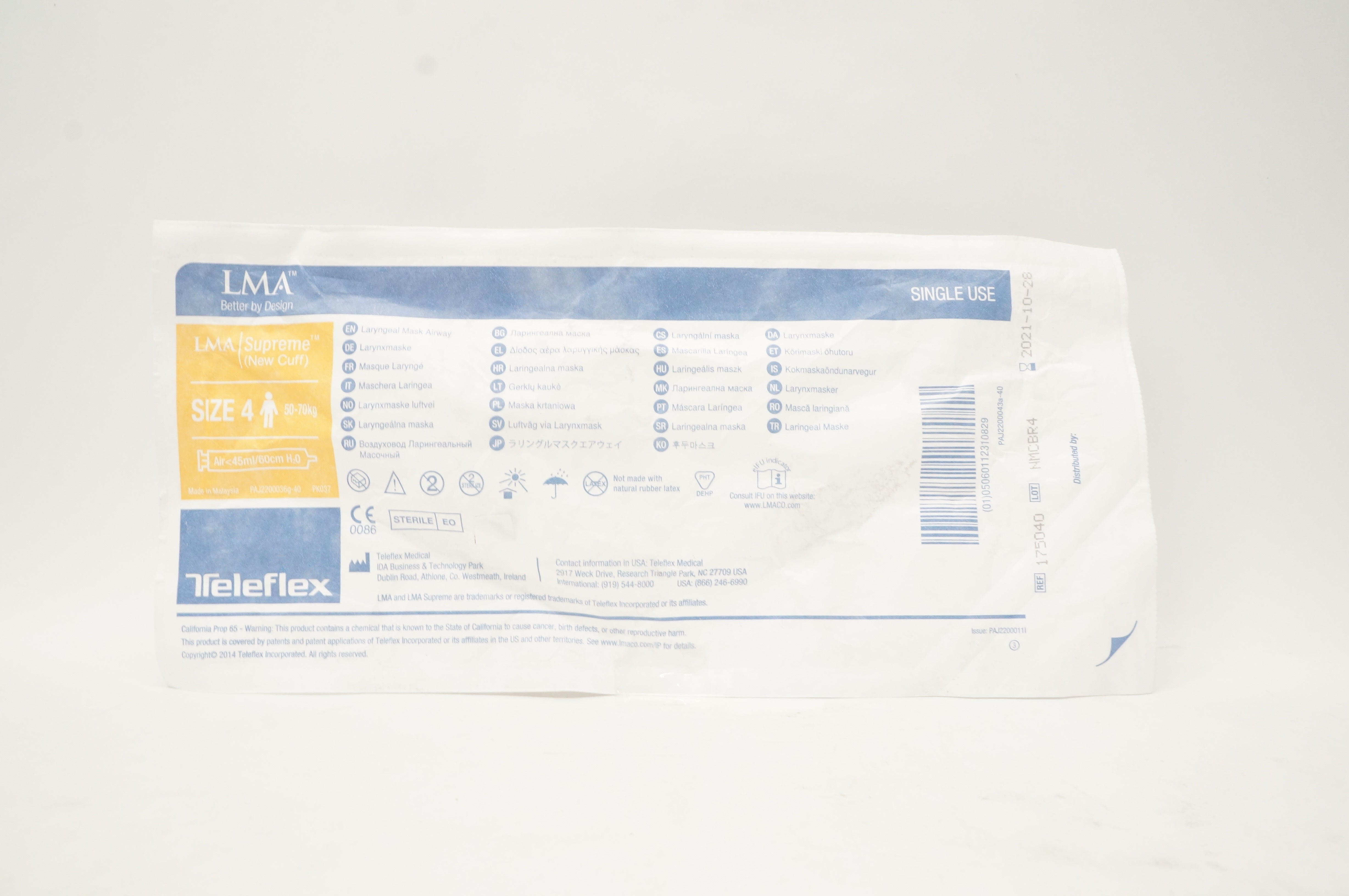 Teleflex 175040 LMA Supreme Laryngeal Mask Airway Size4 50-70kg Air<45ml/60cm(x)